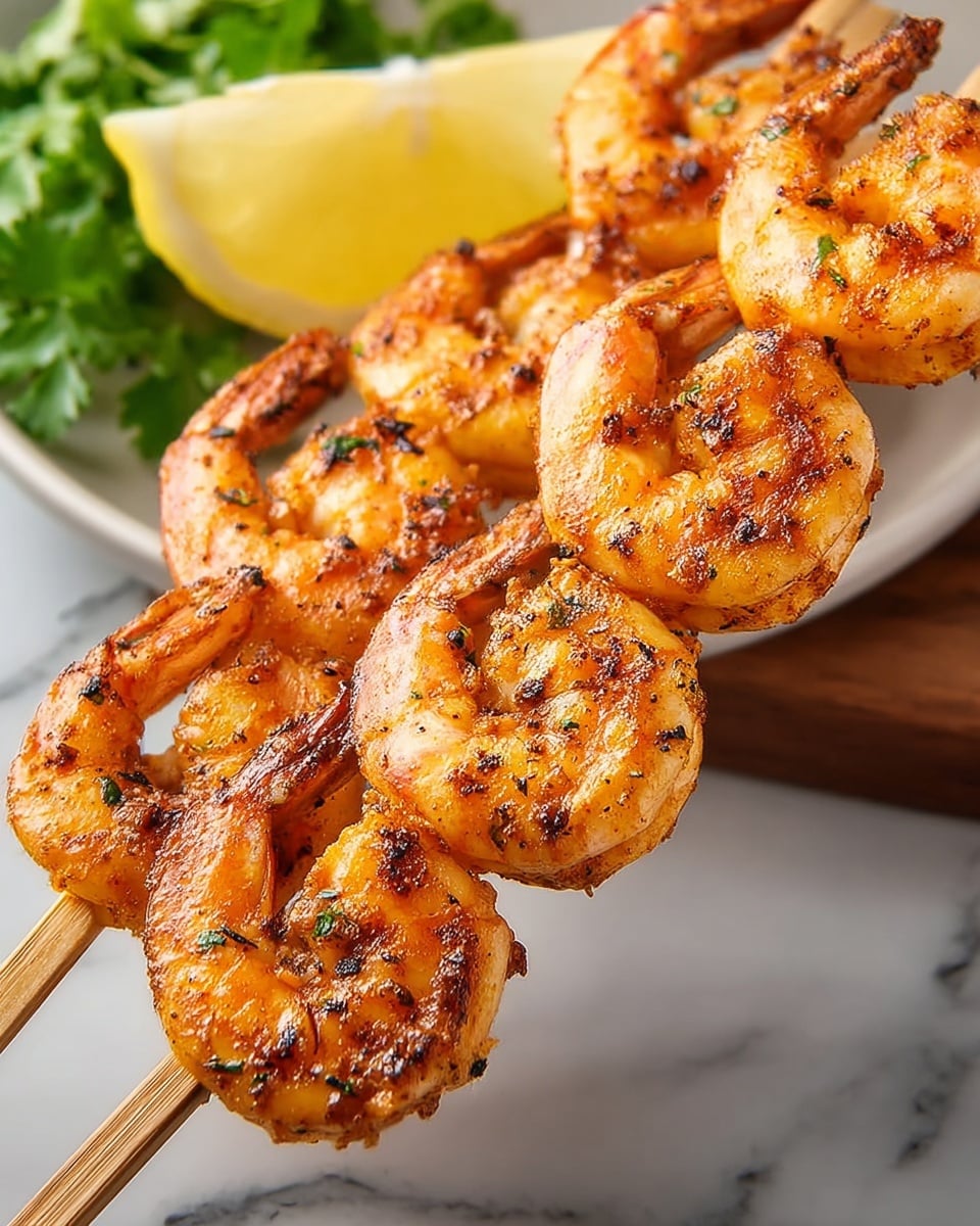 Two wooden skewers hold a total of eight grilled shrimp, four on each skewer. Each shrimp is cooked to a golden orange with darker charred spots, giving a slightly crispy look. The shrimp's texture shows clear segments and a firm, slightly curved shape. In the background, part of a white plate is visible with a yellow lemon slice on the left and some green leafy garnish behind it. The scene is set on a white marbled surface that contrasts softly with the shrimp's warm colors. photo taken with an iphone --ar 4:5 --v 7