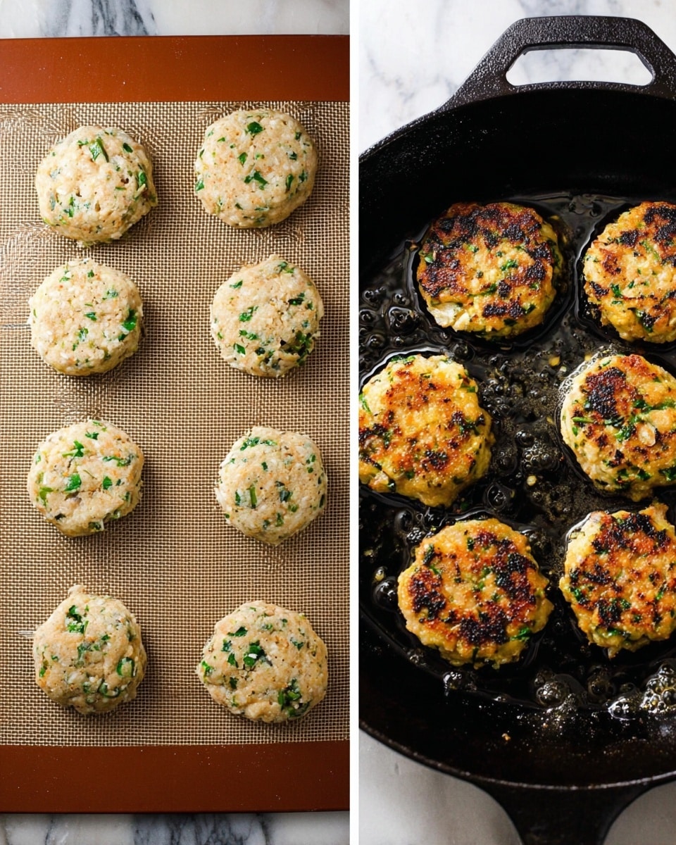 The image shows two side-by-side views of small round patties with a mixture of light beige and green colors, indicating chopped herbs or vegetables inside the batter. On the left, eleven raw patties are spaced out evenly on a brown silicone baking mat on a white marbled surface. The patties appear moist with a smooth texture, with flecks of green herbs visible throughout. On the right, six of these patties are cooking in a black cast iron skillet, showing a golden brown and slightly crispy surface with a few darker char spots, while the inside remains lighter. Some oil glistens in the skillet, surrounding the patties. Photo taken with an iphone --ar 4:5 --v 7