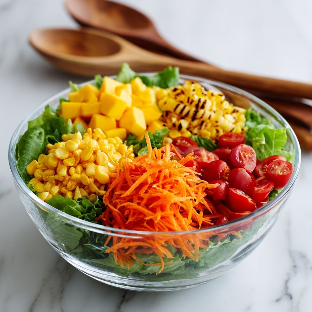 A clear glass bowl holds a fresh salad with five distinct layers, all sitting on a white marbled surface. The bottom layer is bright green romaine lettuce leaves, forming a leafy base. On top of this are chunks of yellow mango neatly placed on one side. Next to the mango is a small pile of grilled yellow corn kernels with some dark grill spots. Beside the corn is a heap of shredded orange cheese, and next to that are bright red cherry tomatoes, some whole and some cut in half. In front of the tomatoes is a mound of finely shredded orange carrots. In the background, wooden salad utensils are slightly blurred. Photo taken with an iphone --ar 4:5 --v 7