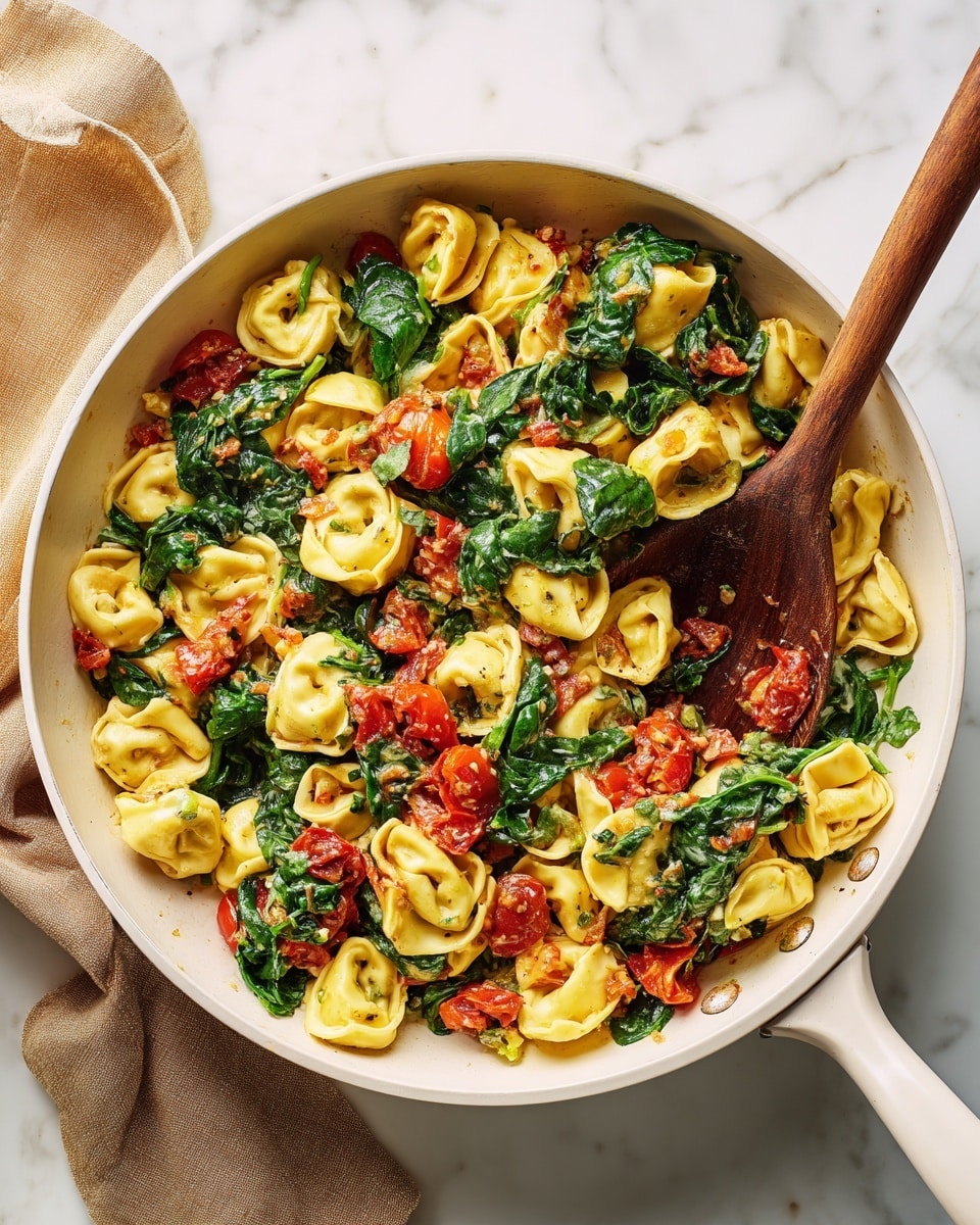 The image shows a white pan filled with a colorful dish made of three main layers: at the bottom are cooked small tortellini pasta in a soft yellow color, mixed with some cooked red tomato chunks scattered around the pan, and fresh bright green spinach leaves spread on top, some wilted and some whole. A wooden spoon is partly inside the pan, resting on the right side with bits of the food on it. The whole pan is on a white marbled surface with a tan cloth visible on the left side. Photo taken with an iphone --ar 4:5 --v 7