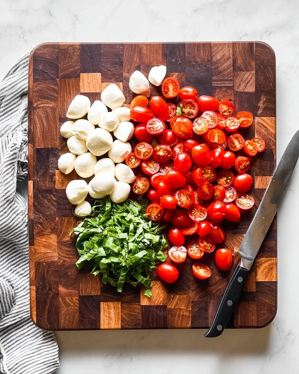 A large dark wooden cutting board on a white marbled surface holds three main ingredients arranged in separate groups: on the left, there are white round pieces of mozzarella cheese; in the middle, there is a small pile of thin, bright green basil leaves; on the right, there are many red cherry tomatoes, mostly halved showing their juicy insides. A black-handled knife rests on the board near the basil and tomatoes, with its blade pointing towards the bottom right corner. A folded gray and white striped cloth is partially visible on the left side. photo taken with an iphone --ar 4:5 --v 7