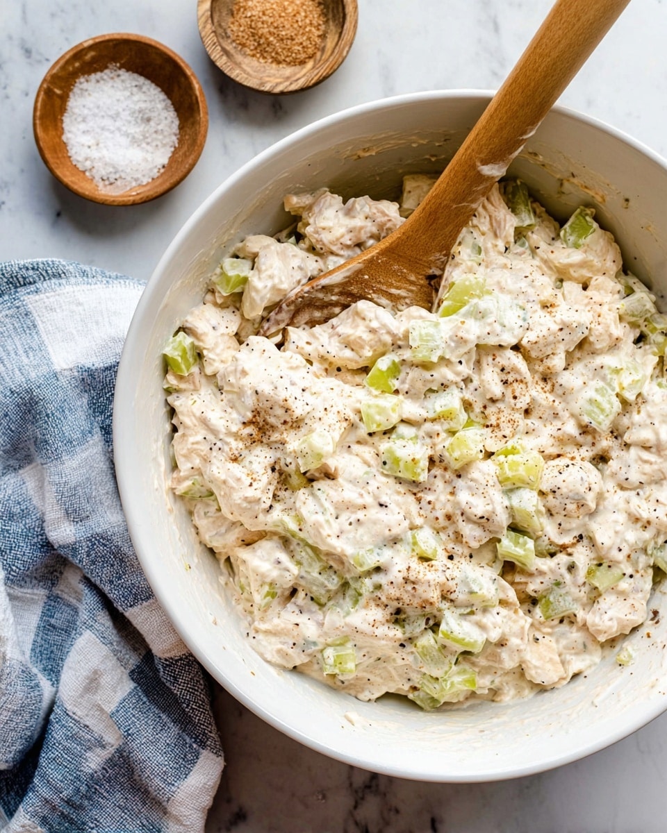 A white bowl filled with creamy chicken salad that has small chunks of green celery and white chicken mixed evenly throughout. The salad has a thick, textured sauce with specks of black pepper and seasoning sprinkled on top. A wooden spoon with a light brown handle rests inside the bowl, partially covered with the salad. Next to the bowl, there are two small wooden bowls, one containing coarse salt and the other with a brown spice blend. The bowl is placed on a white marbled surface with a blue and white checkered cloth nearby. Photo taken with an iphone --ar 4:5 --v 7