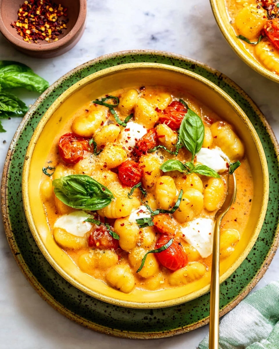 The image shows a yellow bowl filled with soft yellow gnocchi in a creamy orange sauce, mixed with bright red cherry tomatoes and topped with white dollops of cheese. Fresh green basil leaves are scattered on top for color. The bowl sits on a speckled green plate, all placed on a white marbled surface. A gold spoon is partially dipped into the dish from the right side. In the background, there is a small brown bowl with red pepper flakes and part of another similar bowl filled with more gnocchi and sauce. Photo taken with an iphone --ar 4:5 --v 7