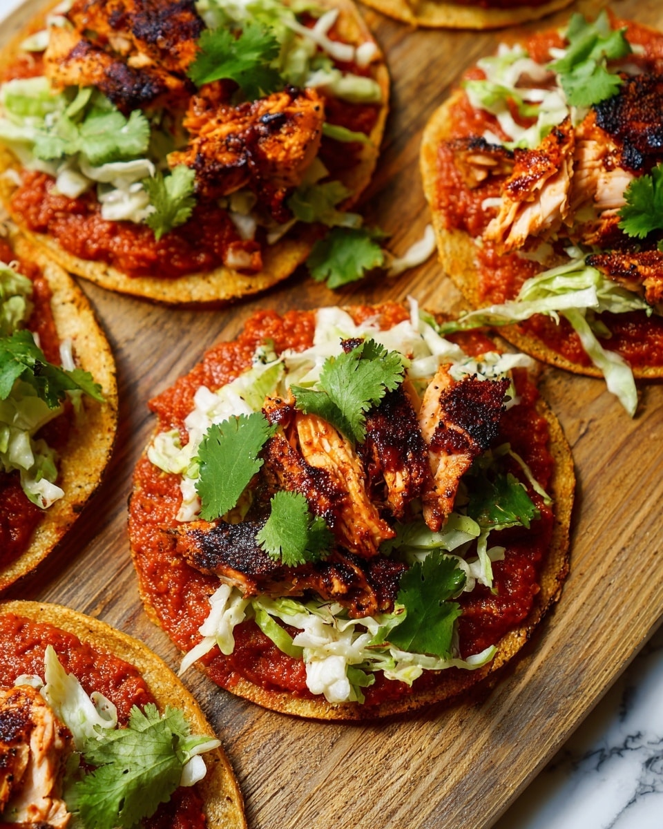 The image shows several tostadas on a wooden board with a white marbled texture background. Each tostada has three main layers: the bottom layer is a golden brown crisp round tortilla, the middle layer is a chunky bright red sauce spread evenly, and the top layer shows a mix of shredded light green cabbage and pieces of grilled chicken with a charred dark brown surface. Green cilantro leaves are scattered on top of the chicken and around the board. The textures of the grilled chicken look slightly rough with crispy edges. Photo taken with an iphone --ar 4:5 --v 7