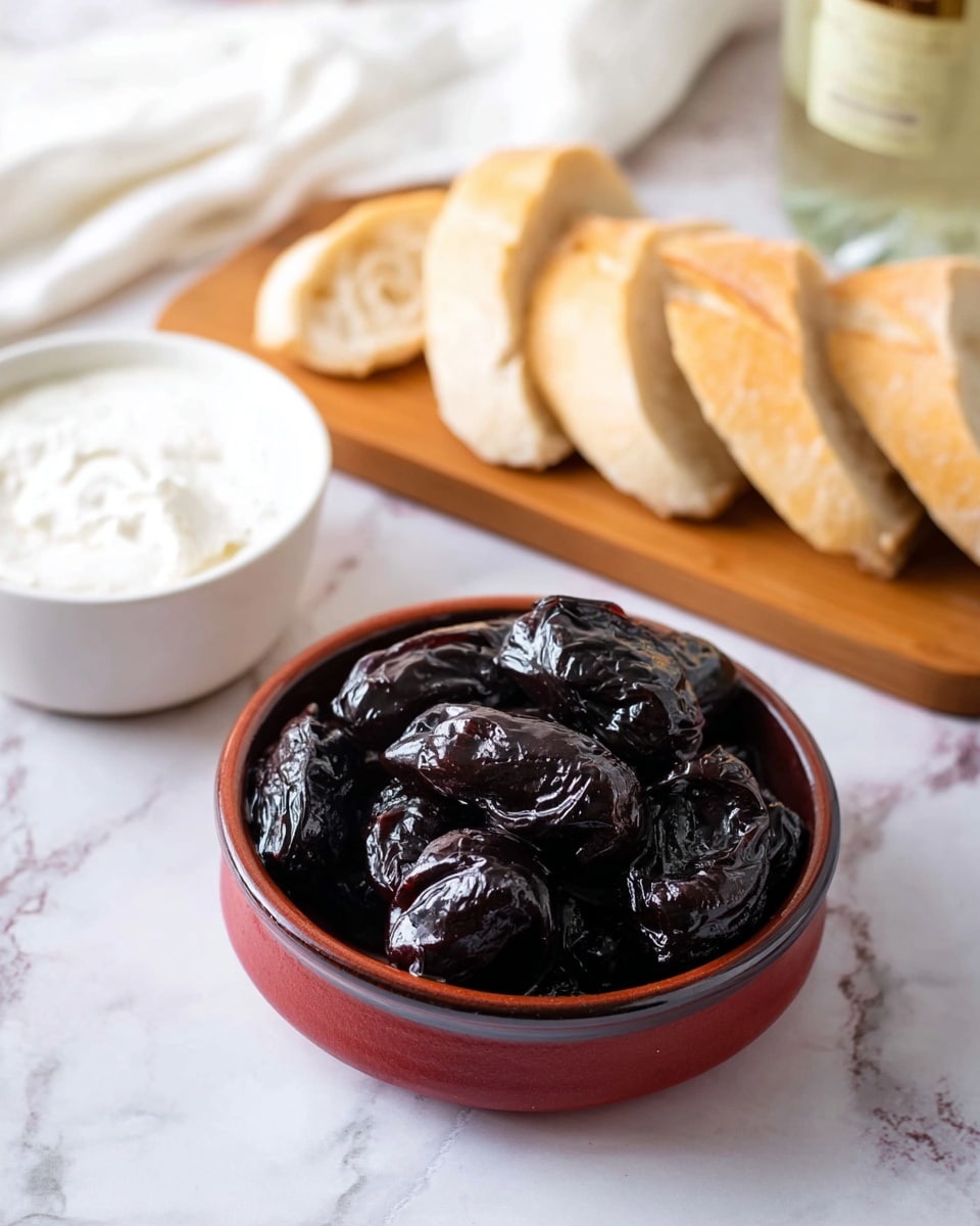 A close-up image shows a small, round bowl filled with glossy, dark prunes. The bowl has a reddish-brown rim and a darker outside layer. Behind it, there is a wooden board with a sliced light tan baguette arranged in a small pile. To the left of the board, there is a round white bowl with some white creamy dip inside. The background is a white marbled surface, with a white cloth and a bottle partly visible in the blurred background. Photo taken with an iphone --ar 4:5 --v 7