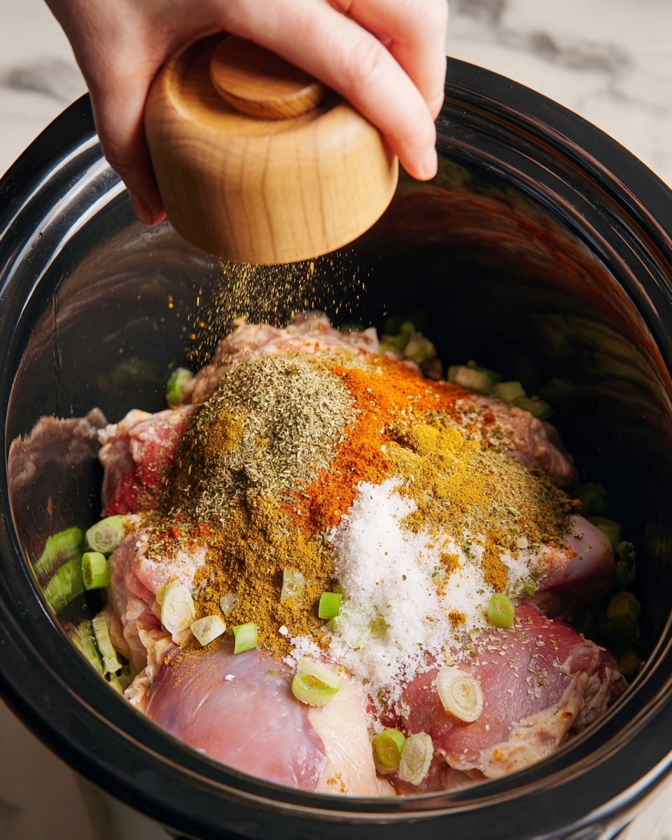 Inside a black slow cooker, there are three large pieces of raw pink chicken on the bottom layer, with small chopped green onions scattered underneath. On top of the chicken, there is a mix of white salt, bright orange powder, and several brownish-yellow spices spread unevenly. A woman's hand is turning a wooden grinder above the chicken, adding more seasoning. The slow cooker sits on a white marbled surface. photo taken with an iphone --ar 4:5 --v 7