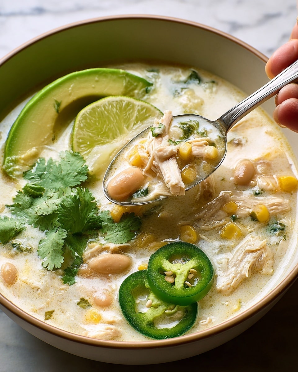 A bowl filled with creamy white soup that has soft pieces of chicken, beige beans, and yellow corn visible throughout. The soup has a thick texture and is garnished with a bright green avocado slice on one side, two dark green jalapeño slices, and fresh cilantro leaves scattered on top. A lime wedge rests inside the bowl along the edge. A spoon filled with soup, showing the ingredients up close, is held above the bowl by a woman's hand. The bowl is white with a light brown rim, placed on a white marbled surface. Photo taken with an iphone --ar 4:5 --v 7