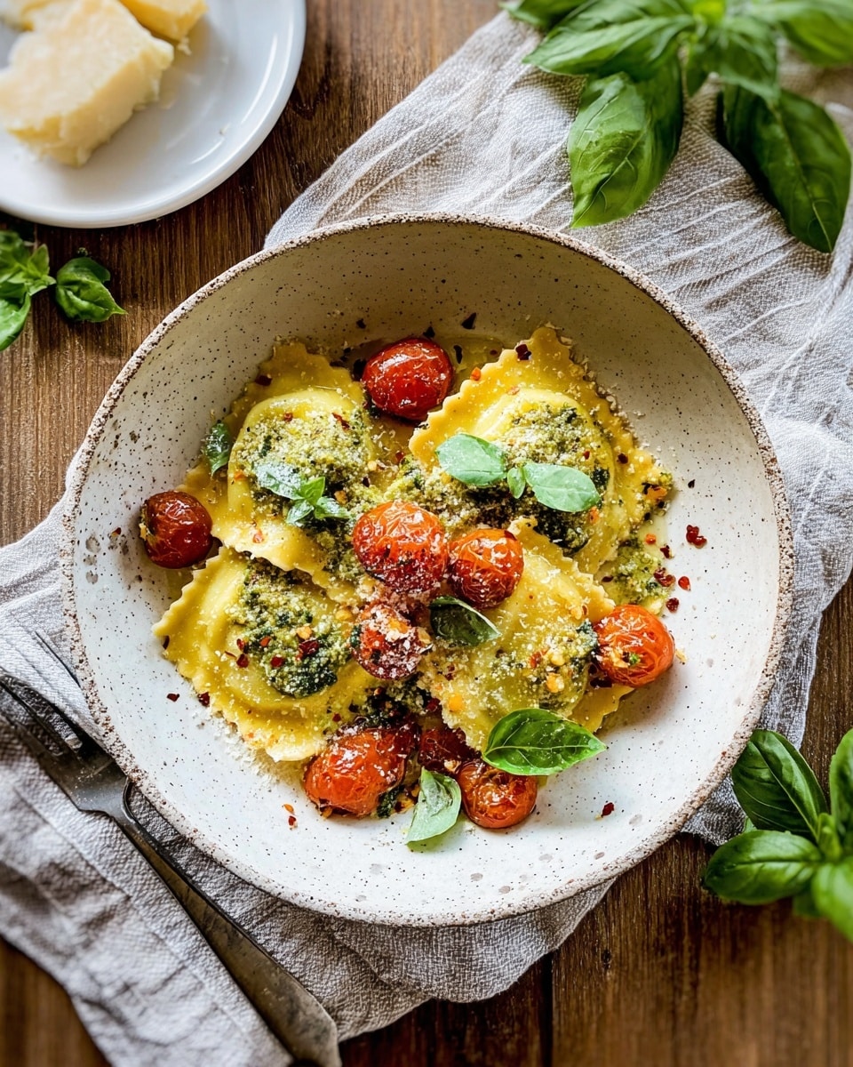 A shallow white speckled bowl holds two layers of ravioli pasta colored light yellow, topped with dollops of green pesto sauce with a grainy texture and roasted cherry tomatoes in bright red. Scattered fresh green basil leaves bring a pop of color, some sitting on top of the ravioli. A few flakes of grated cheese and red chili flakes add contrasting tiny specks across the dish. The bowl sits on a light gray textured cloth, placed on a wood table with loose basil leaves nearby, and a white plate with cheese in the top left corner. Photo taken with an iphone --ar 4:5 --v 7