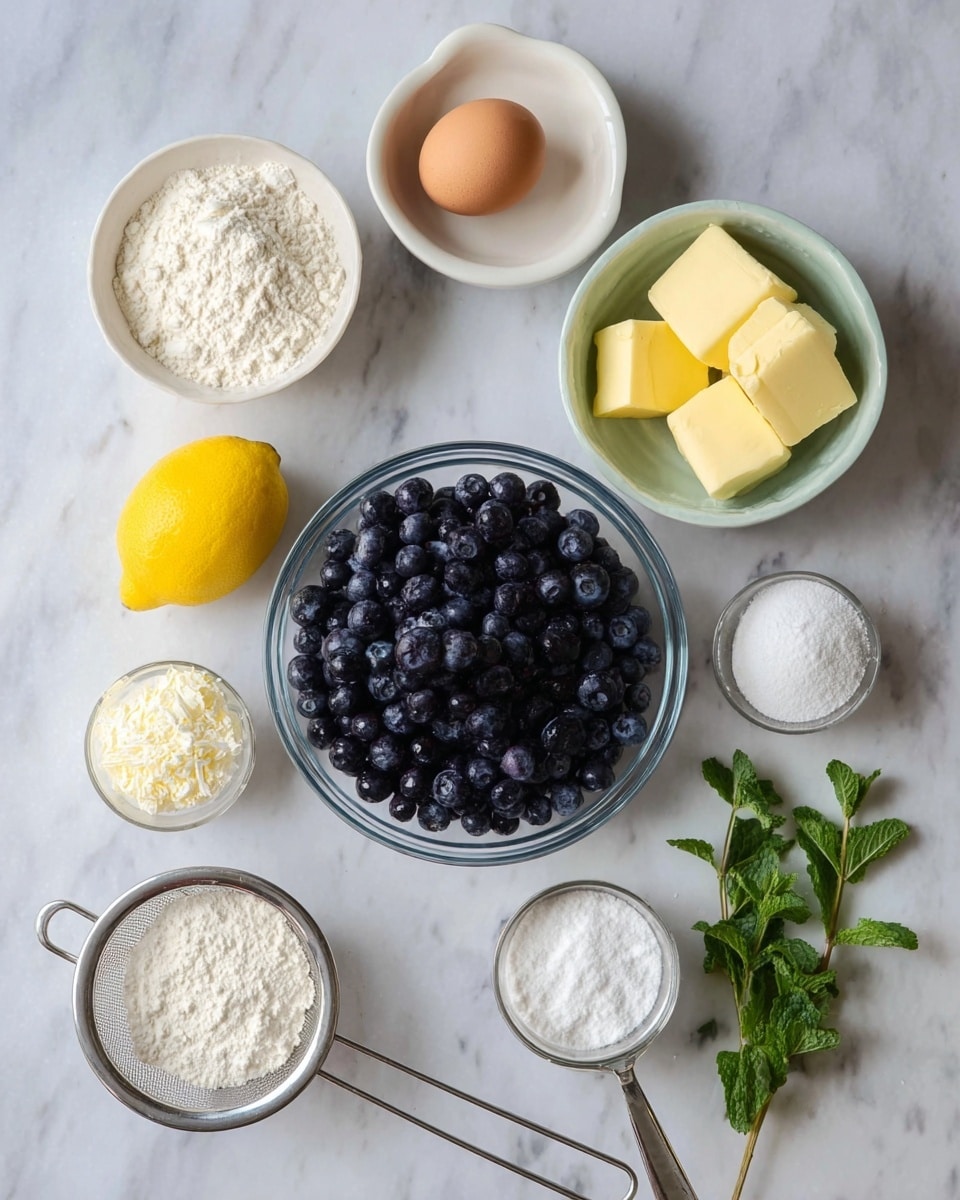 A white marbled surface holds eight ingredients arranged neatly: in the center is a large clear glass bowl filled with dark blue blueberries, surrounded by a white bowl with white flour on the top left, a white bowl with pale yellow butter cubes on the top right, a single brown egg near the butter, a whole bright yellow lemon on the left, a small white bowl with white powder near the bottom center, a small metal sieve with granulated white sugar on the bottom left, a small metal spoon with white powder on the right, and a small bunch of fresh green mint leaves on the bottom right. photo taken with an iphone --ar 4:5 --v 7