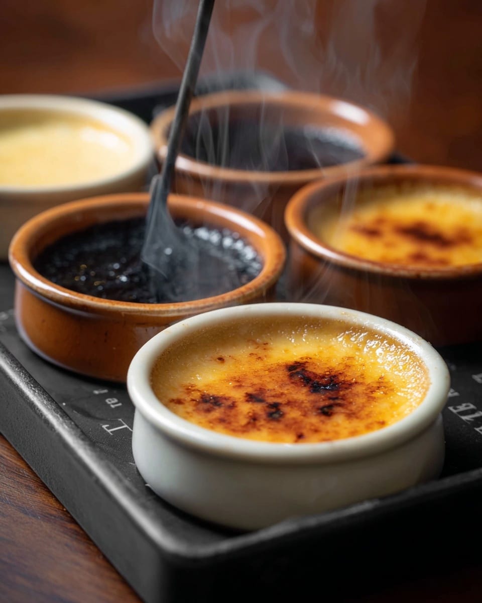 Five small white ceramic round dishes hold layered desserts and sit on a dark tray with text on the left side. The dessert in the nearest dish has a golden brown crunchy layer on top with an orange hue. The two dishes behind it have similar caramelized golden-brown tops. One dish at the back left contains a smooth, pale cream layer, and the middle dish contains a black, shiny, smooth layer being heated by a black metal rod with steam rising from it. The overall setting is warm and the focus is sharp on the black topped dessert with the rest softly blurred around it. Photo taken with an iphone --ar 4:5 --v 7