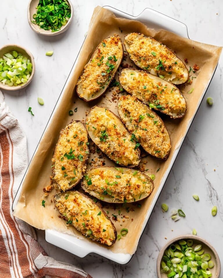 Crispy Potato Skins Loaded with Cheese, Green Onions, and Croutons Recipe