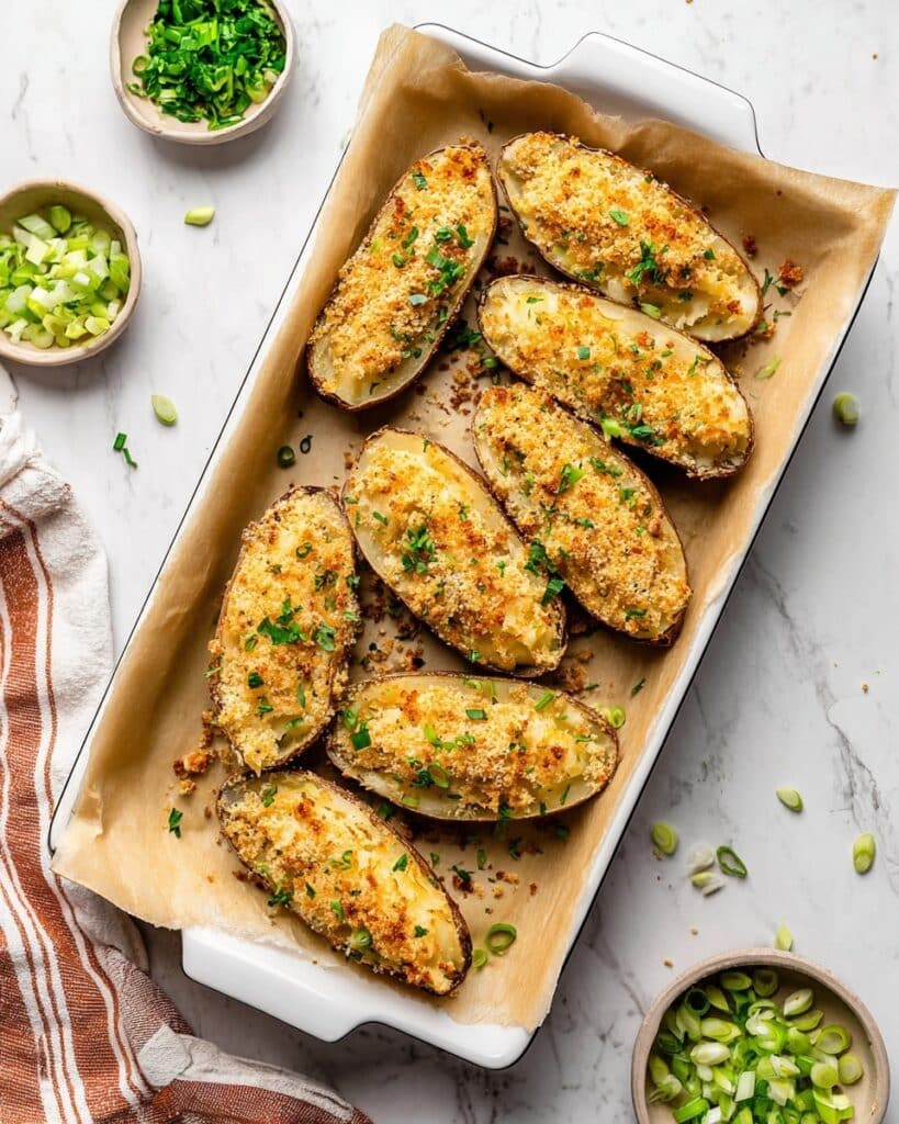 Crispy Potato Skins Loaded with Cheese, Green Onions, and Croutons Recipe