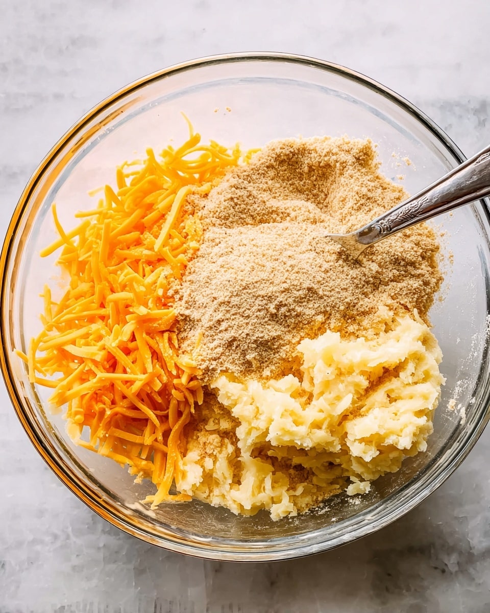 A clear glass bowl contains three main layers of ingredients separate from each other: on the left is a pile of bright orange shredded cheese with a soft texture, on the right is a creamy mashed potato mixture with a pale yellow color and some small lumps, and at the top is a light brown powdery substance sprinkled unevenly with a spoon resting in it. The bowl is placed on a white marbled surface. Photo taken with an iphone --ar 4:5 --v 7