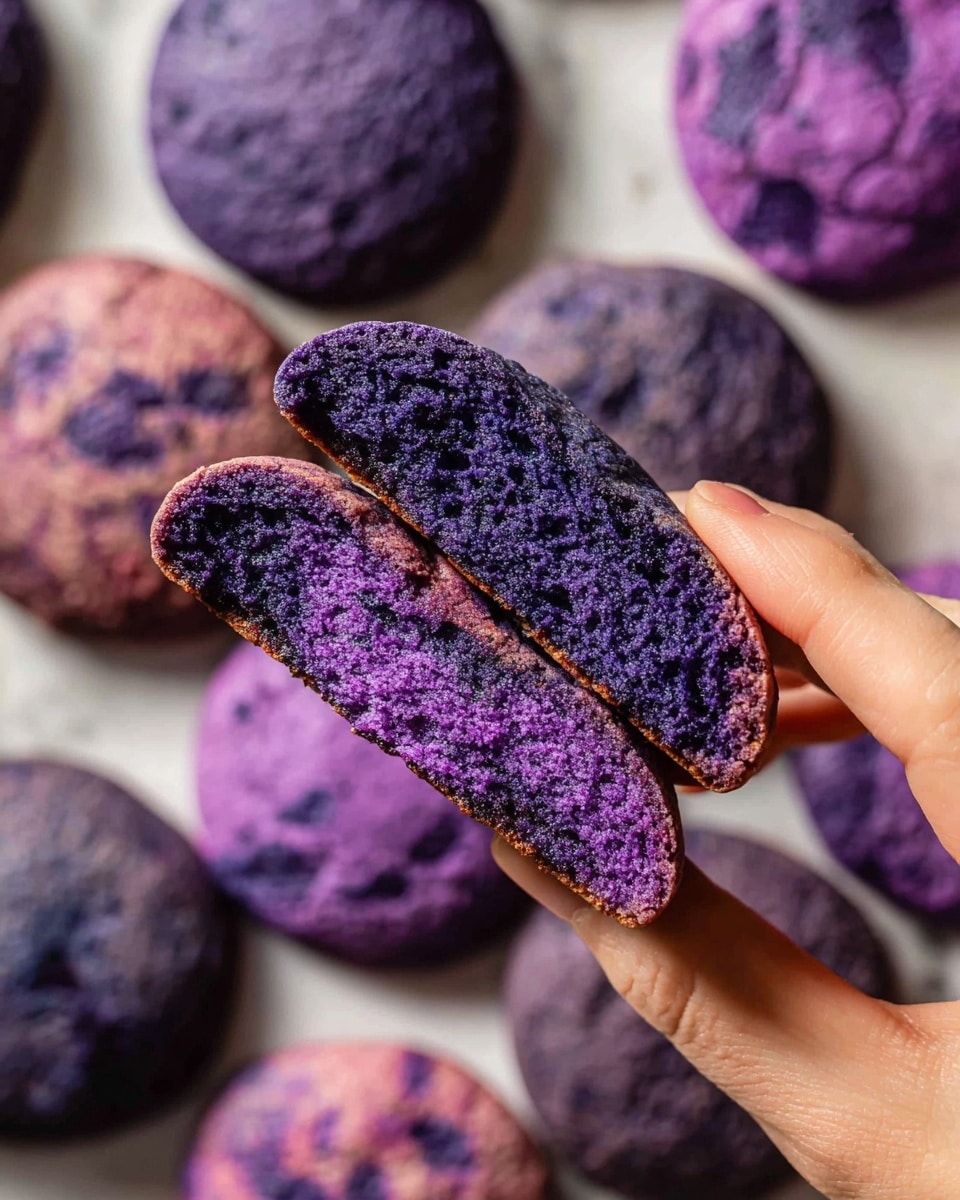 A close-up image shows a woman's hand holding a cookie broken in half, revealing a soft, dense texture inside that is rich purple with some lighter purple spots. Around the hand, there are whole cookies evenly placed on a white marbled surface, each having a slightly cracked and uneven purple top layer with a rough texture. The cookies are round and flat, displaying various shades of purple from dark to light, creating a visually interesting contrast in color. photo taken with an iphone --ar 4:5 --v 7