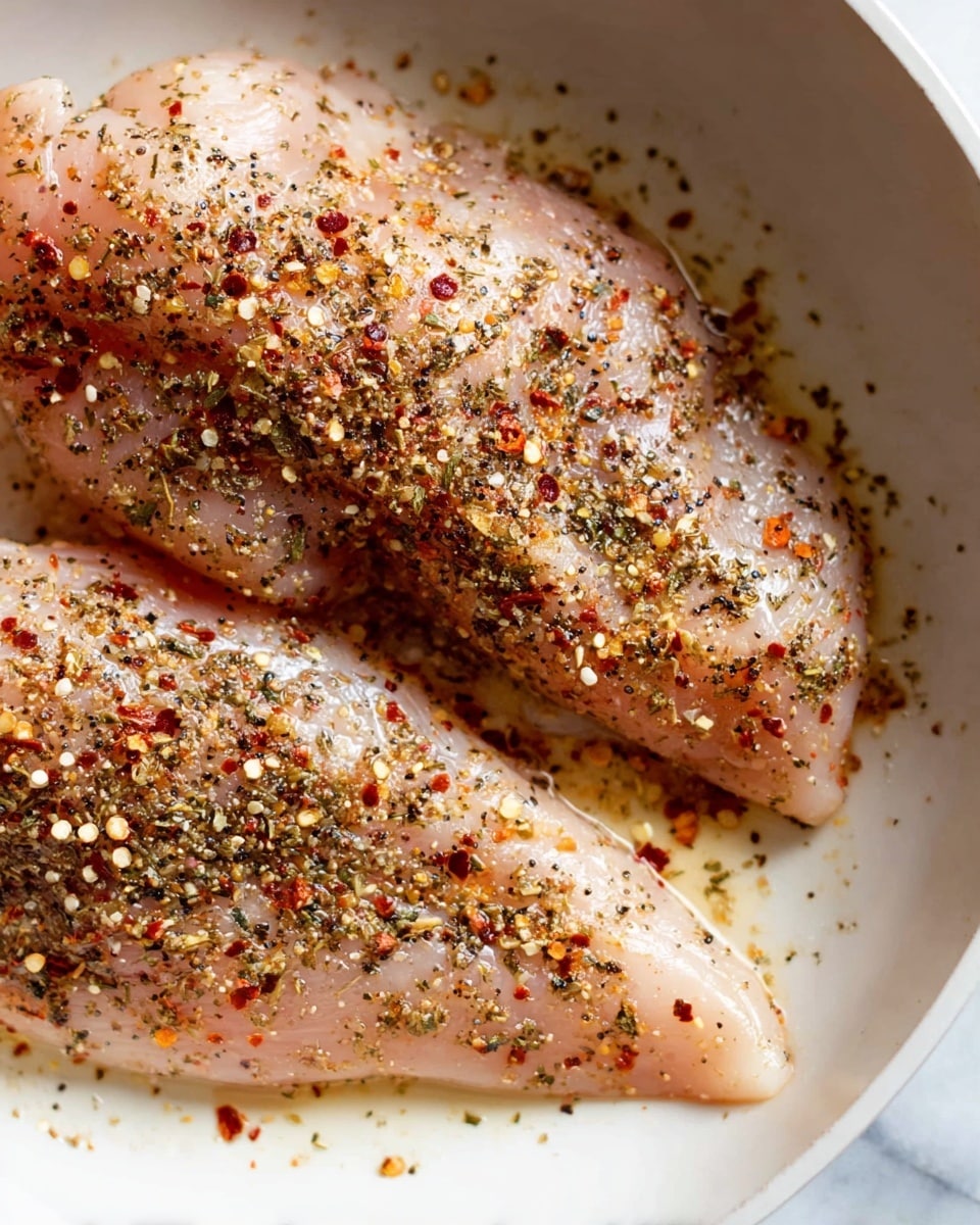 The image shows two raw chicken fillets covered with a mix of coarse black pepper, red chili flakes, and dried herbs. The fillets have a pale pink color with the spices spread evenly on top, giving a speckled and textured look. They lay flat in a white pan with a smooth interior, set on a white marbled background. The surface of the fillets looks slightly moist with some oil visible around them. The photo captures the close-up details of the spices clearly. photo taken with an iphone --ar 4:5 --v 7