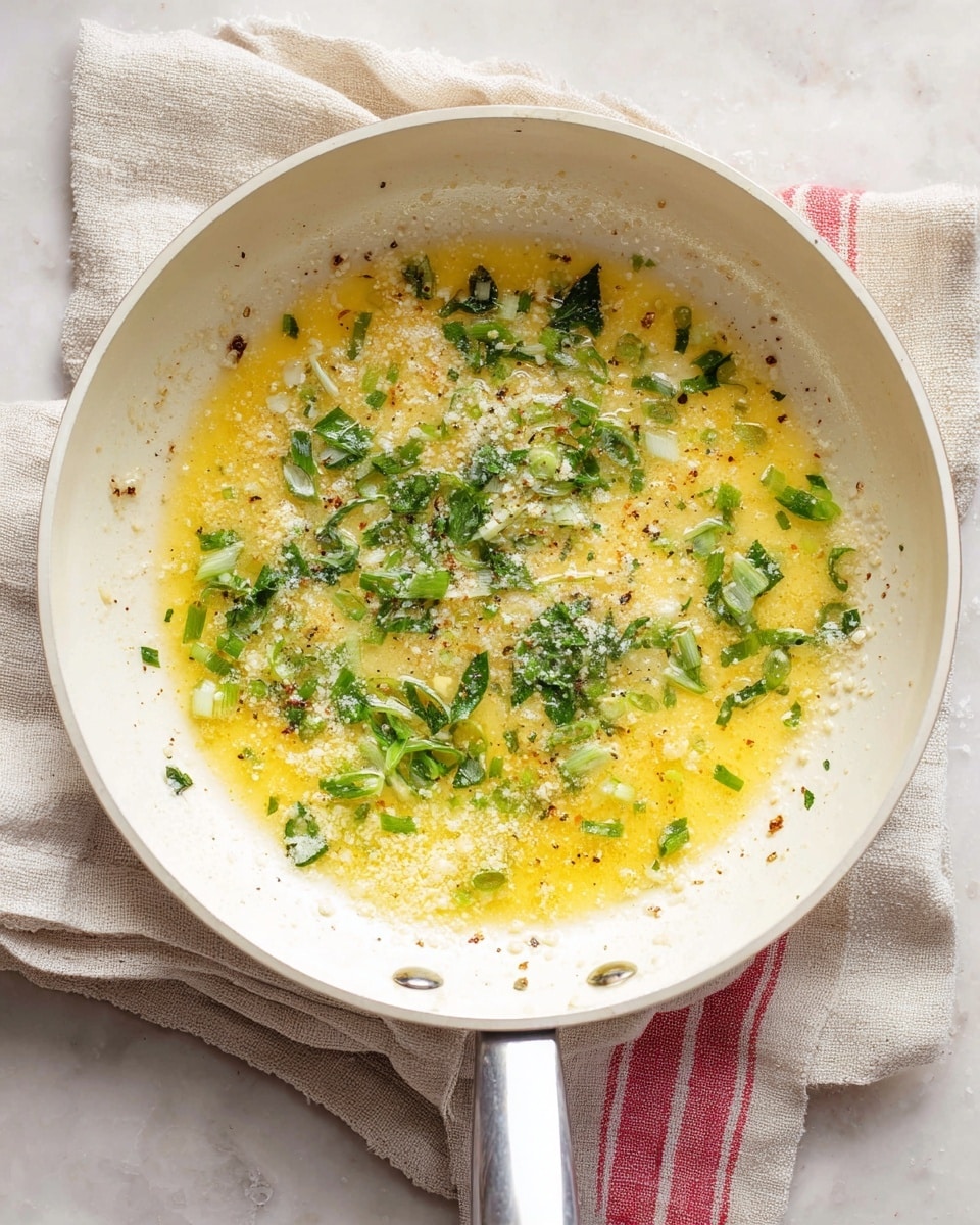 A white frying pan with melted golden-yellow butter as the base layer, sprinkled with small bits of grated cheese that look pale cream in color. Chopped fresh green herbs and sliced green onions are scattered on top, adding specks of bright green. The pan is placed on light beige cloths with a subtle red stripe on one edge, all set on a white marbled surface. The pan’s handle is silver and points towards the bottom center of the image. Photo taken with an iphone --ar 4:5 --v 7
