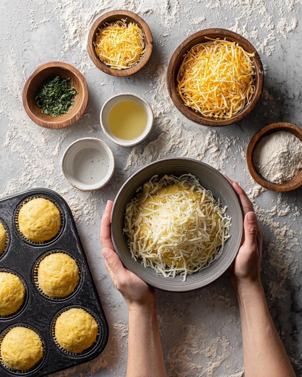 The image shows a gray bowl filled halfway with a yellow mixture topped with shredded white and yellow cheese, held by a pair of clean woman's hands on each side. Surrounding the bowl are several wooden bowls with shredded cheese, a small white bowl with green herbs, a white bowl with clear yellow liquid, and two wooden bowls with flour and salt. At the bottom left, there is a dark metal muffin tray holding six round dough balls topped with yellow cheese. The whole setup is on a white marbled textured surface dusted with scattered flour. photo taken with an iphone --ar 4:5 --v 7