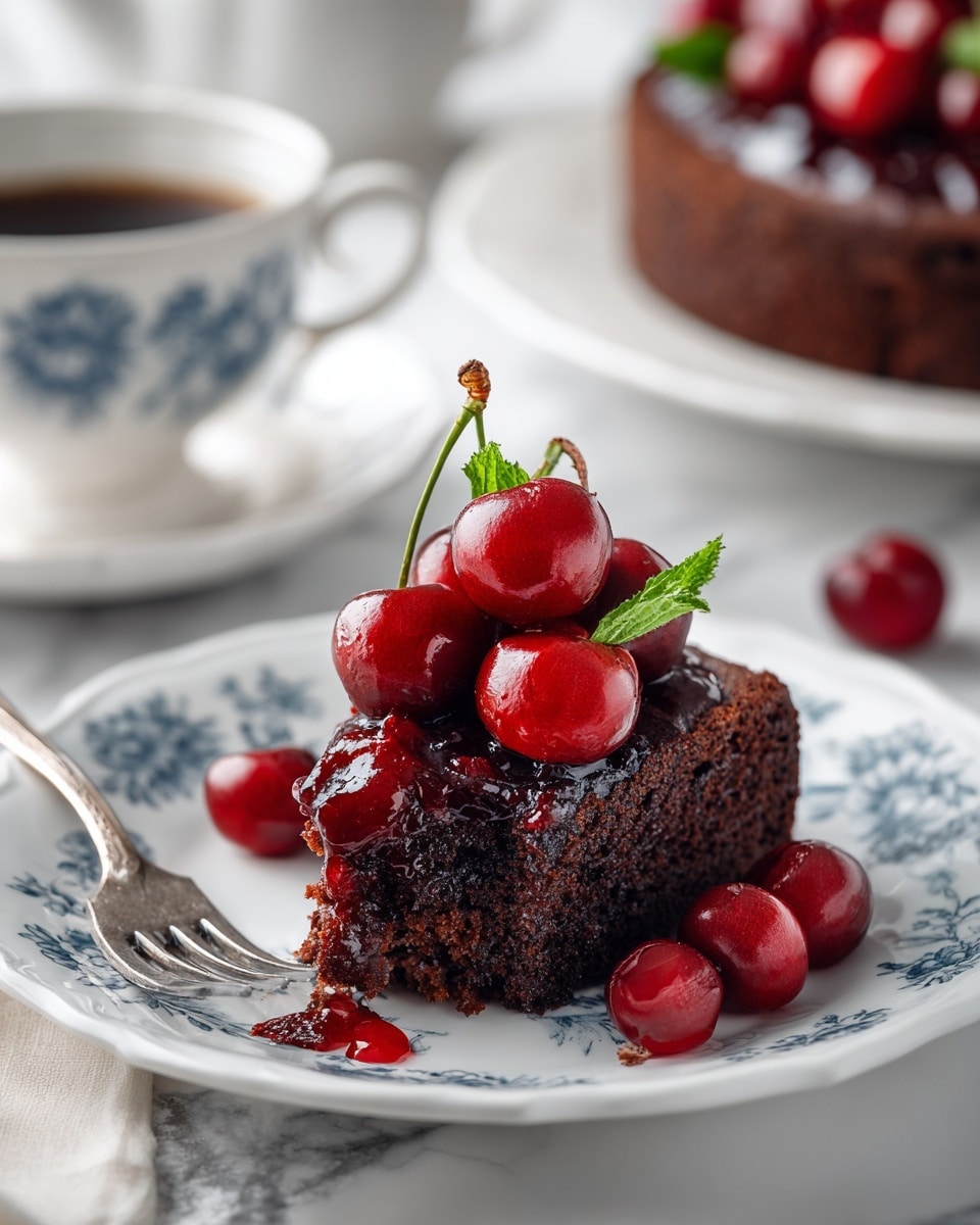 A slice of dark chocolate cake sits on a white plate with blue floral patterns, showing a rich, moist, and slightly crumbly texture. On top of the cake, there is a glossy layer of cherry sauce that drips slightly onto the plate. Bright red cherries, some with stems, are piled on the top center of the slice, with a few green leaves adding a fresh touch. A silver fork lies next to the cake on the plate. In the softly blurred background, there is a white cup with blue floral designs filled with dark coffee, and the rest of the chocolate cake topped with cherries can be seen on a white plate. The whole scene is set on a white marbled surface, creating a bright and clean look. photo taken with an iphone --ar 4:5 --v 7