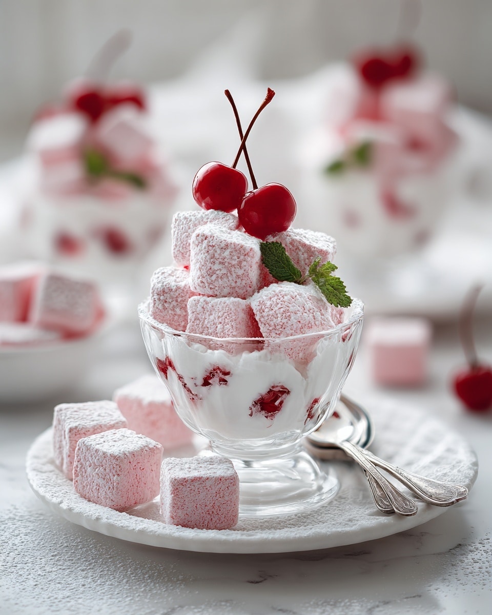 The image shows a clear glass dessert cup filled with a white creamy layer at the bottom with visible red cherry pieces inside. On top, there are several pink, powder-covered square marshmallows creating a textured, soft layer, crowned with two shiny red cherries and a small green mint leaf. The dessert cup is placed on a white plate with a white marbled texture, dusted lightly with powdered sugar, alongside two silver spoons and more pink marshmallows and cherries scattered around. The background features a soft, white marbled surface with more similar dessert cups blurred out in the background, enhancing the focus on the front dessert. photo taken with an iphone --ar 4:5 --v 7