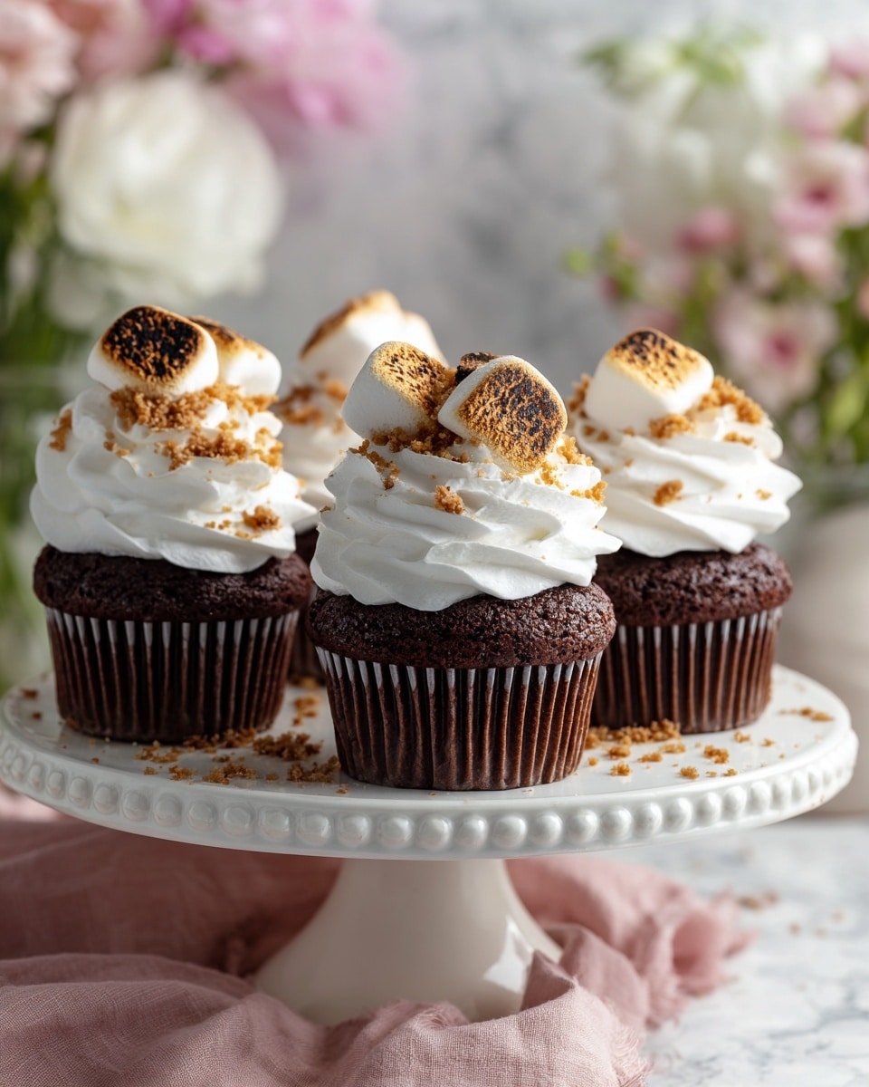 Four chocolate cupcakes sit on a white cake stand with a decorative edge, set on a white marbled surface with a soft pink cloth nearby. Each cupcake has a rich dark brown base with ridged paper liners, topped with a tall swirl of white frosting. The frosting is garnished with toasted mini marshmallows that have browned edges and sprinkled crushed graham cracker crumbs, adding a golden texture. The background is softly blurred with pastel pink and white flowers, creating a gentle, light atmosphere. photo taken with an iphone --ar 4:5 --v 7