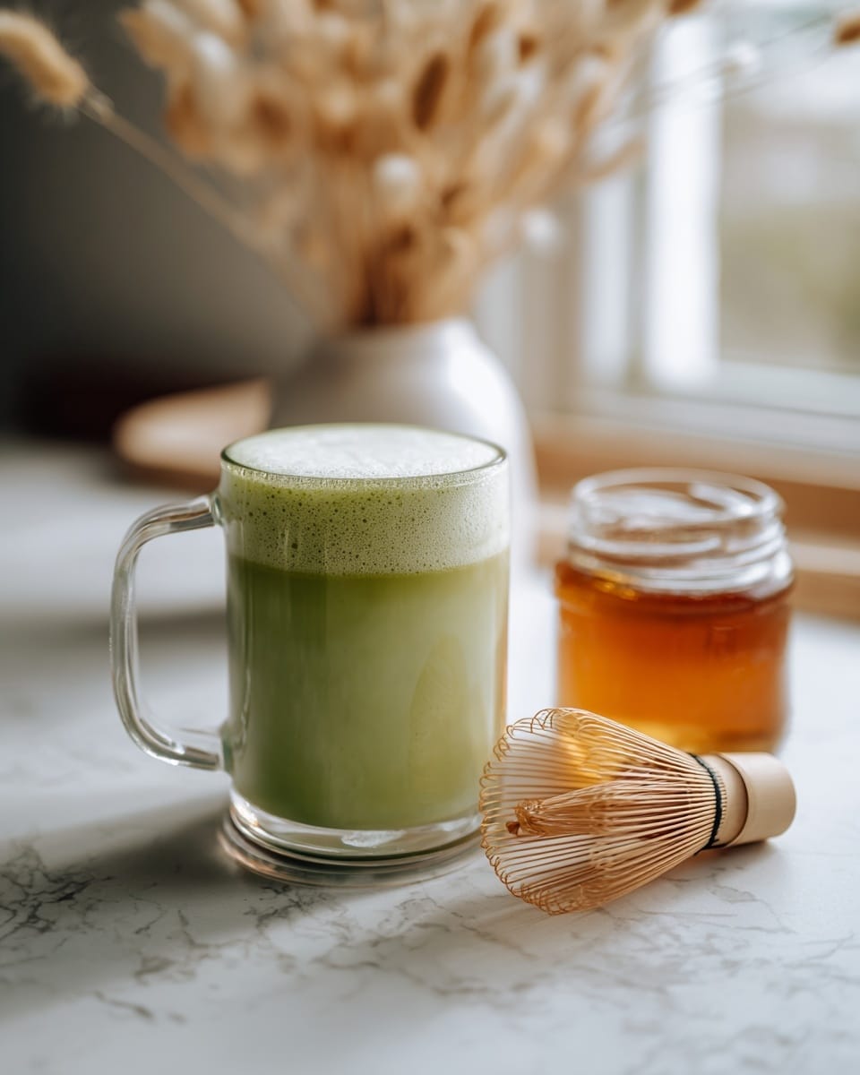 A clear glass mug filled with a light green drink that has a thick layer of frothy foam on top, sitting on a white marbled surface. To the right of the mug is a small glass jar of amber honey with a wooden honey dipper inside, and in front of that jar is a bamboo whisk with thin flexible tines, resting on the surface. The background shows a blurred white pot with dried beige plants and soft light coming through a window. photo taken with an iphone --ar 4:5 --v 7
