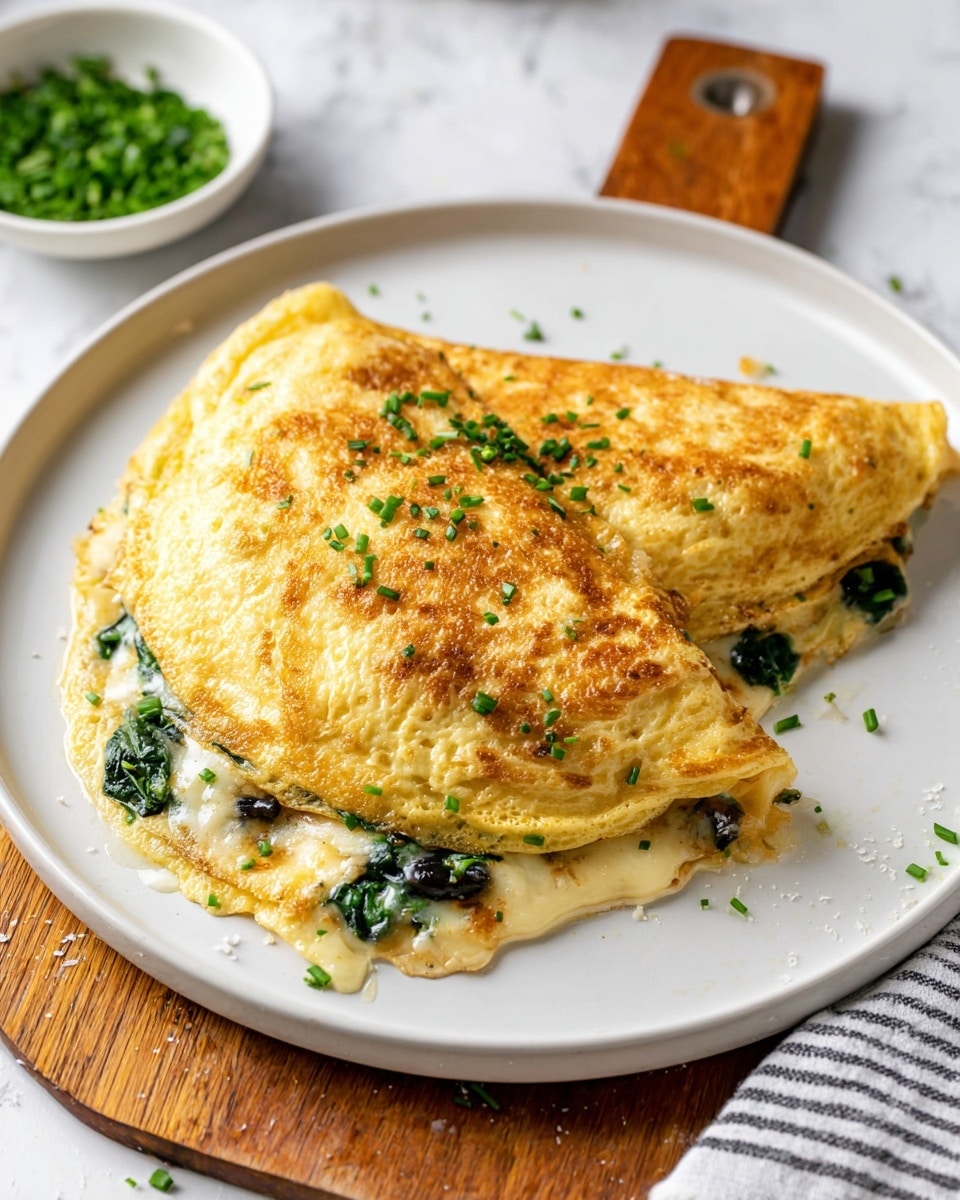 A golden-brown omelette sits on a white plate, folded over to reveal a filling of melted cheese and cooked spinach inside. The omelette has a slightly lumpy texture with some browning on top and is sprinkled with small green pieces of chopped chives. The white plate rests on a white marbled surface with a wooden board and a striped cloth visible nearby. In the background, a small white bowl contains more chopped green herbs. photo taken with an iphone --ar 4:5 --v 7