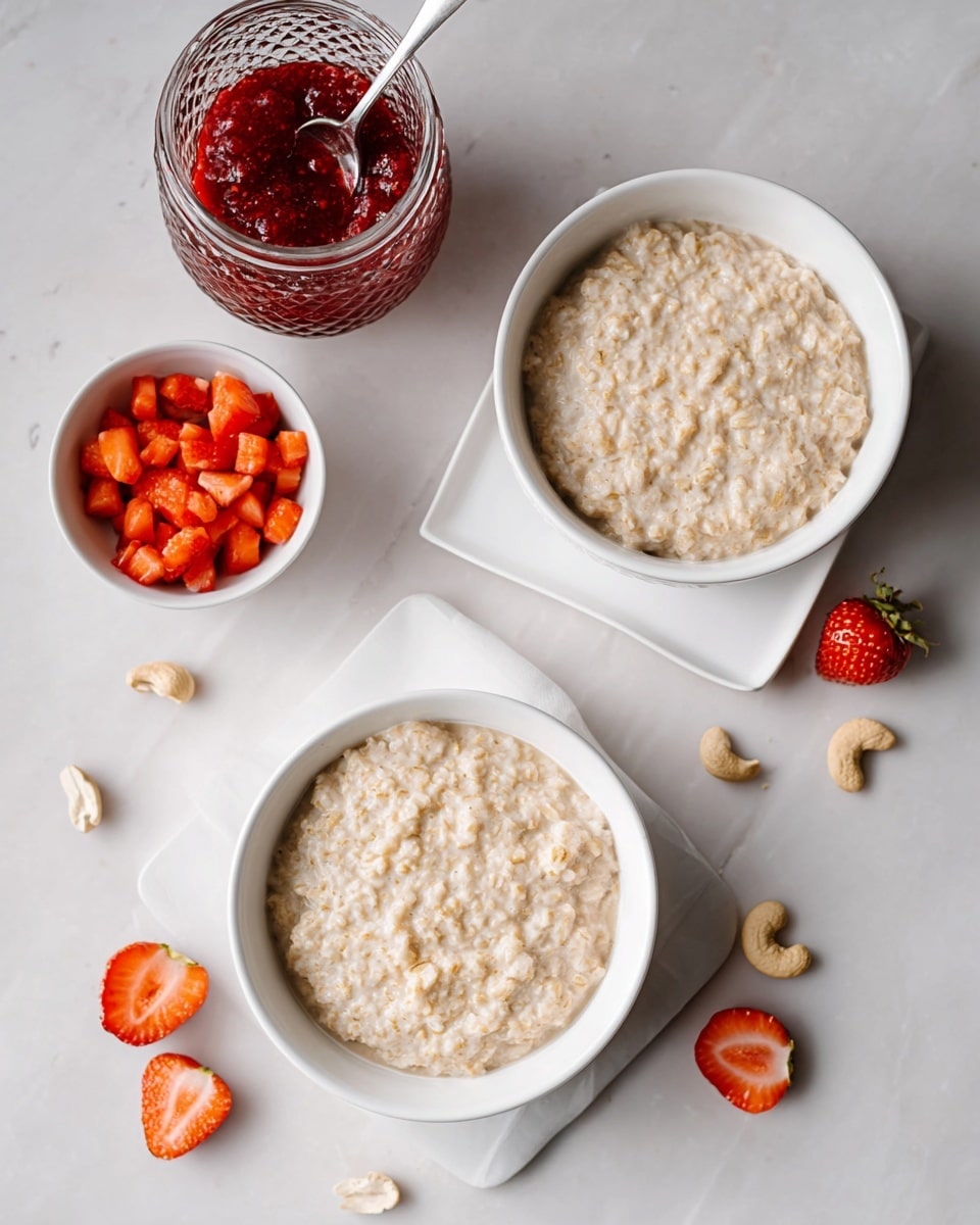 Two white bowls filled with light beige thick oatmeal are placed on a white marbled surface, one bowl positioned at the top right on a small white square plate and the other bowl at the bottom center. To the left, there is a small white bowl filled with diced fresh red strawberries. Above the small bowl, a clear glass jar with textured sides contains bright red strawberry jam, with a white spoon inside. Scattered around the bowls are halved strawberries and a few whole cashew nuts, adding color and texture contrast. The overall setting is clean and bright with soft natural lighting. photo taken with an iphone --ar 4:5 --v 7
