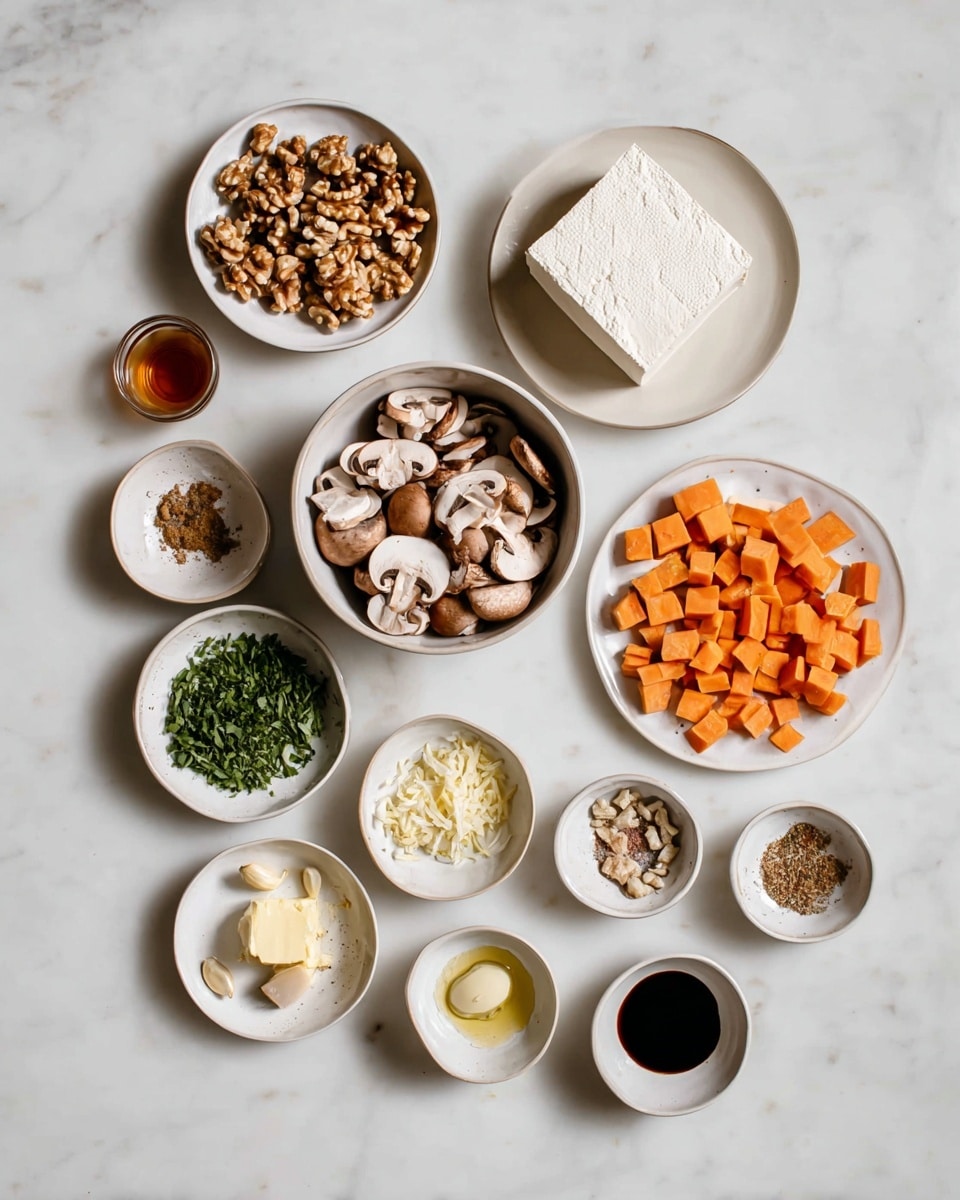 A white marbled surface holds multiple white bowls and plates with different ingredients arranged neatly. At the center, there is a medium white bowl filled with sliced brown mushrooms. Above it to the right, a white bowl contains orange diced sweet potatoes. Nearby, a white plate holds a large block of white tofu. Smaller white bowls surround these, holding walnuts, chopped green herbs, white beans, light yellow butter chunk, orange honey or syrup, minced shallots, dark soy sauce, small garlic cloves, thin yellow ginger pieces, and a mix of spices including dried herbs, brown powder, and salt. The color mix is mainly white, brown, orange, and green with natural textures. Photo taken with an iphone --ar 4:5 --v 7