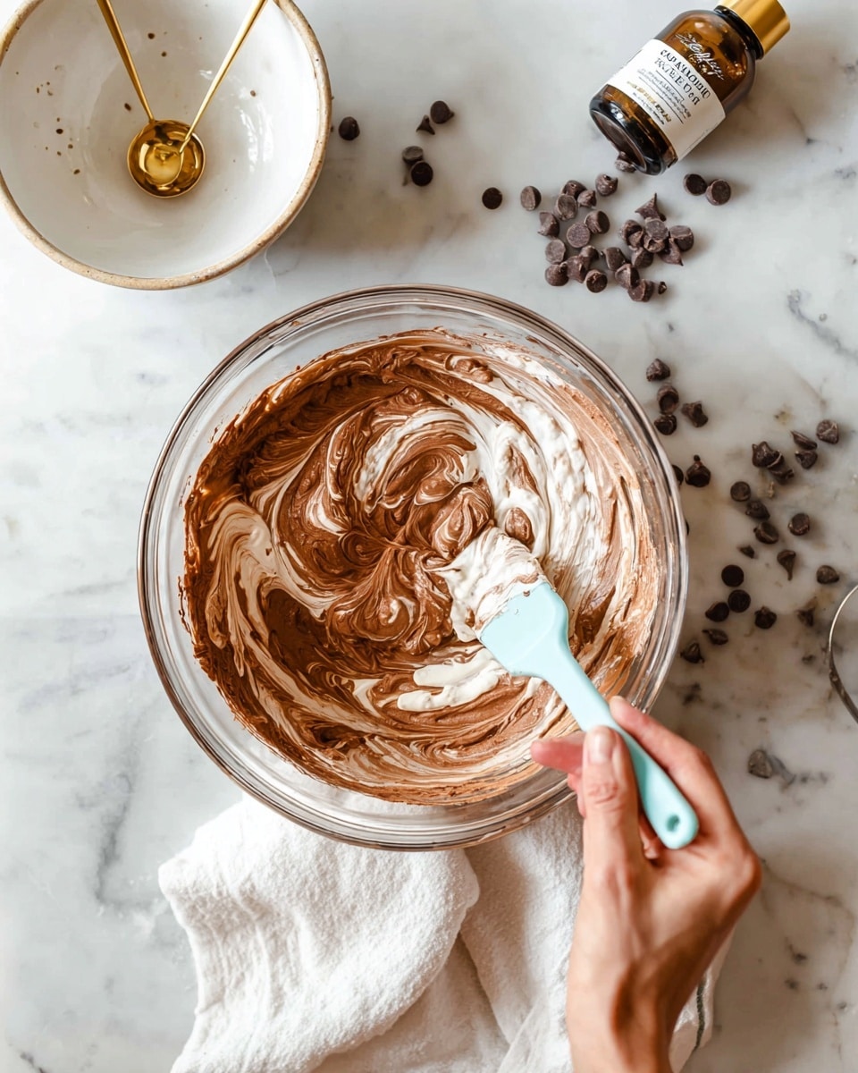 A clear glass bowl sits on a white marbled surface with creamy chocolate and white layers being folded together by a woman's hand holding a light blue spatula, creating a marbled effect with smooth and fluffy texture. The bowl is half-filled with this mixture, which shows swirls of rich brown and soft white. Around the bowl, there are scattered dark brown chocolate chips and a small brown bottle labeled vanilla. Above the bowl, a white bowl with a gold rim holds a gold measuring spoon, adding a touch of shine to the scene. A white cloth is placed under the main bowl. photo taken with an iphone --ar 4:5 --v 7