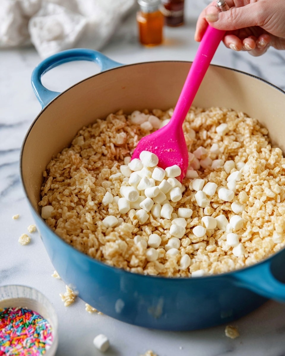A close-up of a blue enamel pot filled with a mix of light golden crispy rice cereal and small white marshmallows being stirred with a bright pink spatula held by a woman's hand, sitting on a white marbled surface with some scattered cereal around the pot's base, with blurred background elements including a small bowl of colorful sprinkles and bottles. Photo taken with an iphone --ar 4:5 --v 7