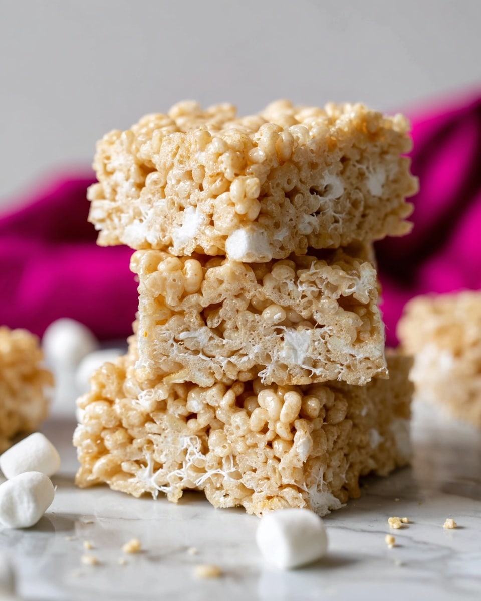 Three square crispy rice treats stacked on top of each other, each layer showing a mix of pale golden rice cereal and white melted marshmallow holding them together. The texture is bumpy and sticky with some white marshmallow strands visible between the rice pieces. They sit on a white marbled surface with small bits of rice cereal and a few mini marshmallows scattered around. The background is blurred with a patch of deep pink cloth adding a splash of color. Photo taken with an iphone --ar 4:5 --v 7