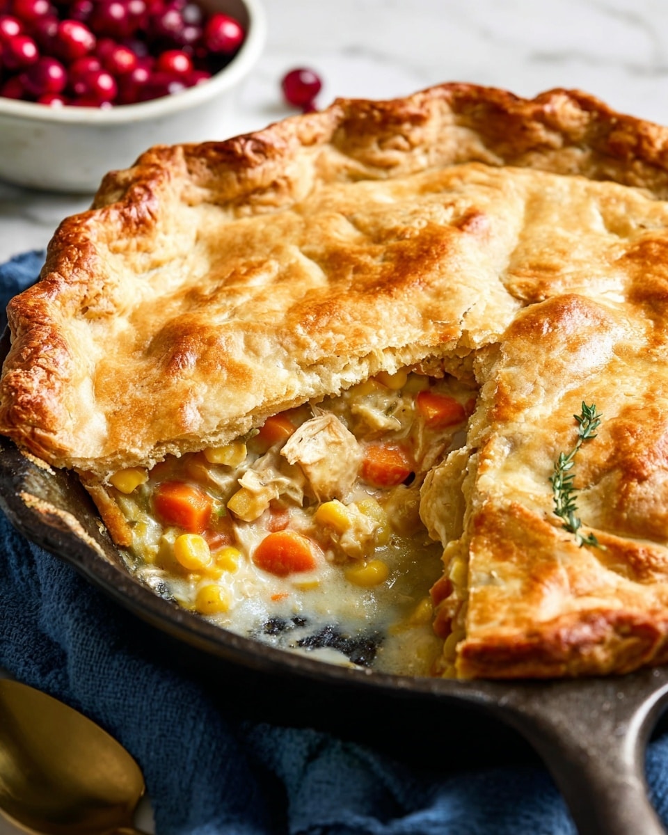 A golden brown pie with a flaky crust fills a black cast iron skillet, the crust edges are slightly crimped and uneven, and the surface shows some shiny, lightly browned spots and small vent holes. The skillet rests on a dark wooden table, partly covered by a blue cloth, with whole red cranberries scattered around and two whole orange carrots lying toward the top left. In the background, a white ramekin filled with more red cranberries sits next to the skillet handle, which is topped with a small sprig of fresh green herb. Two silver forks lay crossed on the blue cloth near the bottom left photo taken with an iphone --ar 4:5 --v 7