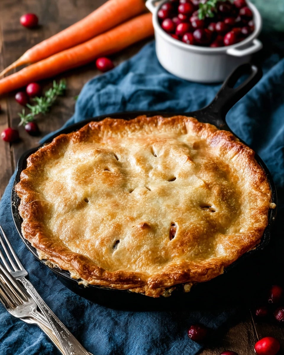 A golden-brown pie crust with a flaky texture covers a deep dish, slightly lifted on one side to reveal the filling inside. The filling has chunky orange carrots, yellow corn kernels, light beige shredded pieces, and small white cubes, all mixed in a creamy sauce. The pie is in a dark cast iron pan that rests on a blue cloth, all placed on a white marbled surface. In the background, a white bowl filled with red berries adds a pop of color to the scene. Photo taken with an iphone --ar 4:5 --v 7