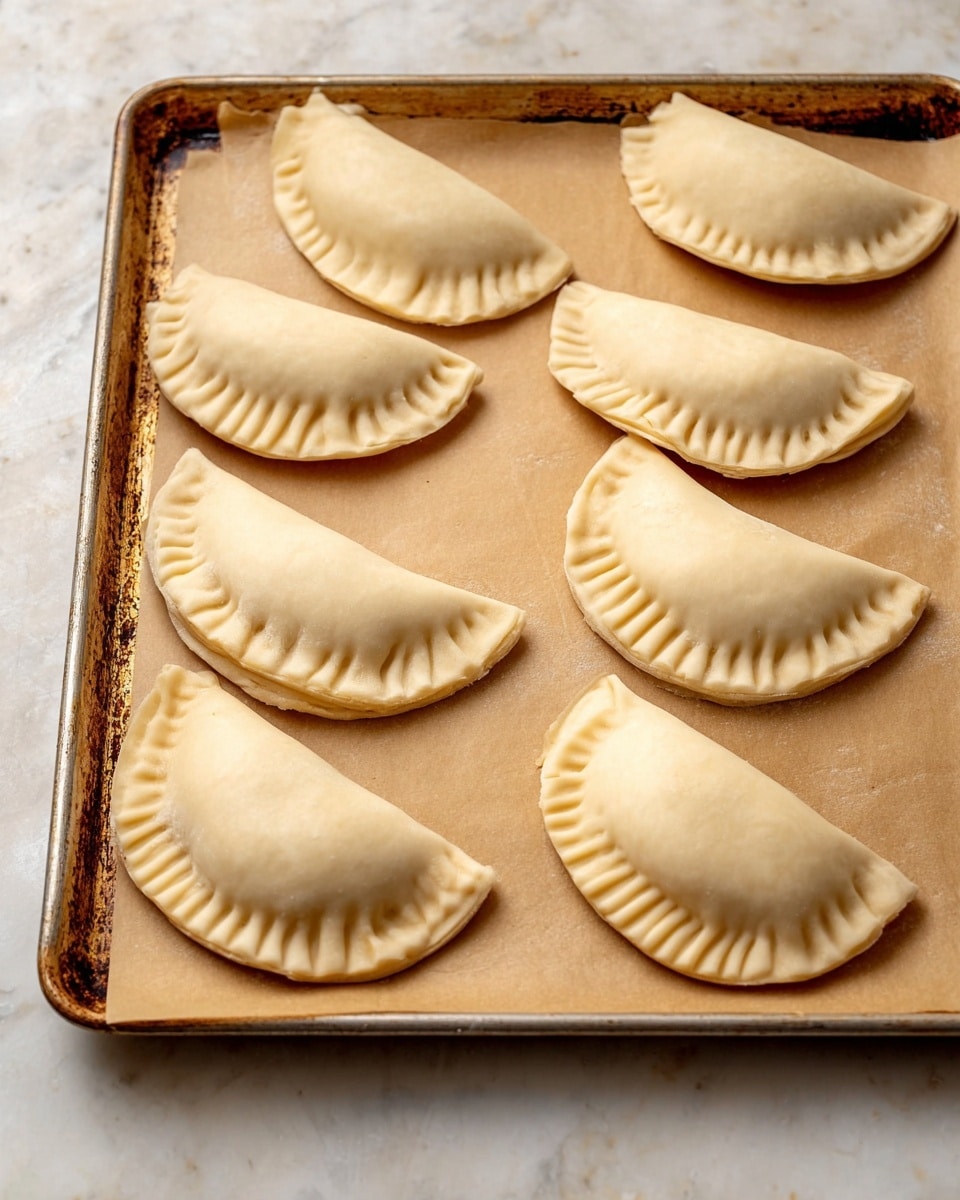 The image shows a tray with eight uncooked, half-moon shaped pastries arranged neatly in two rows. Each pastry has a pale beige dough with a smooth, slightly puffy texture and a crimped edge made by pressing the dough down with a fork, creating a detailed pattern around the curve. The pastries rest on a light brown sheet of parchment paper, which covers an old, slightly rusted baking tray. The tray sits on a white marbled textured surface, adding a clean and bright background to the scene. photo taken with an iphone --ar 4:5 --v 7