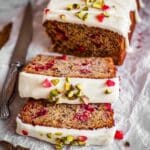 Cranberry Banana Bread with White Chocolate Glaze and Pistachio Garnish Recipe