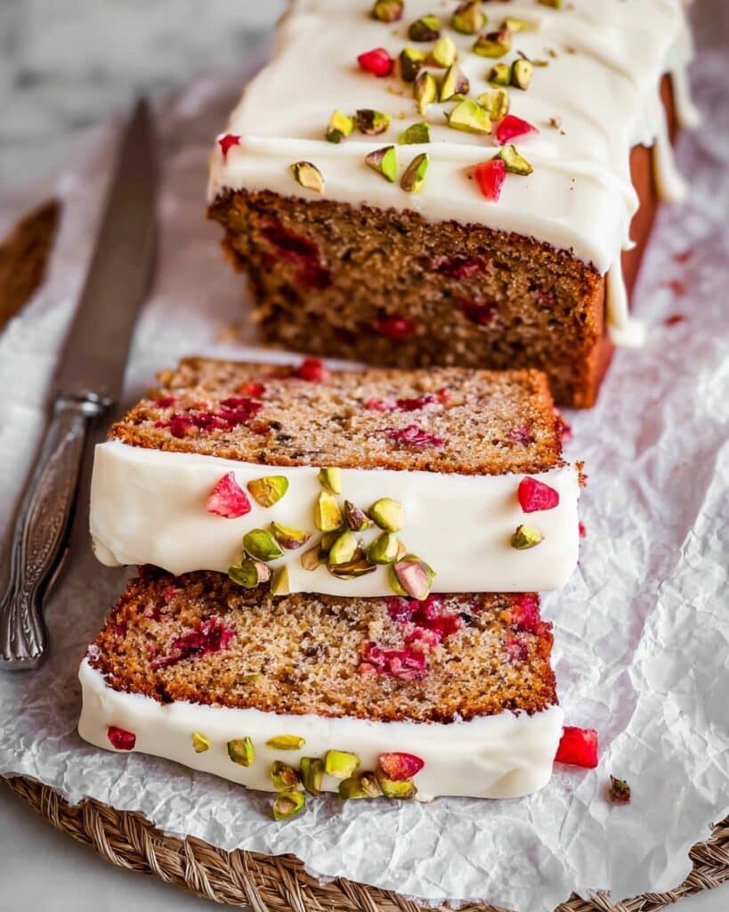 Cranberry Banana Bread with White Chocolate Glaze and Pistachio Garnish Recipe