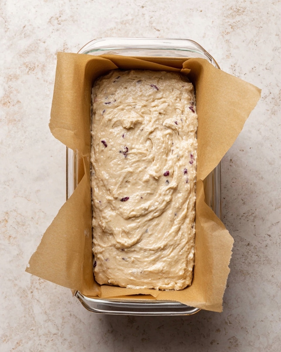 A clear glass loaf pan lined with parchment paper holds a rough, creamy batter with a light beige color and small purple spots scattered inside. The batter is spread evenly to fill the pan, showing a slightly textured surface with gentle swirls and lumps. The pan rests on a white marbled surface. Photo taken with an iphone --ar 4:5 --v 7