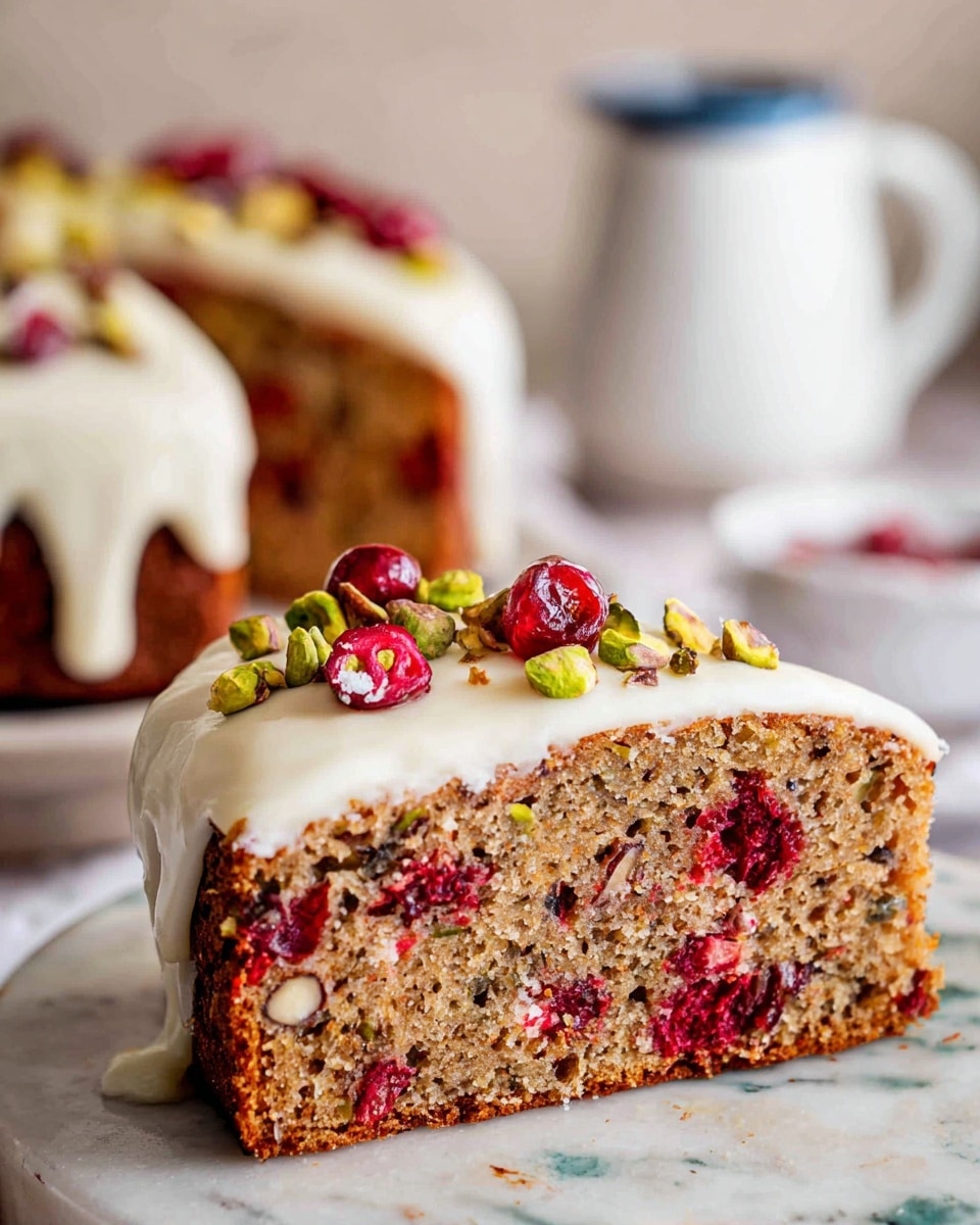 The image shows a three-layered slice of cake with a brown crumb mixed with red pieces of fruit inside. Each slice is topped with a thick, creamy white icing that drips slightly over the sides. The top layer of icing is decorated with chopped green pistachios and thinly sliced bright red fruit. The cake slices rest on crumpled white parchment paper, placed on a woven mat with a silver knife nearby. The setting has a white marbled surface background. Photo taken with an iphone --ar 4:5 --v 7