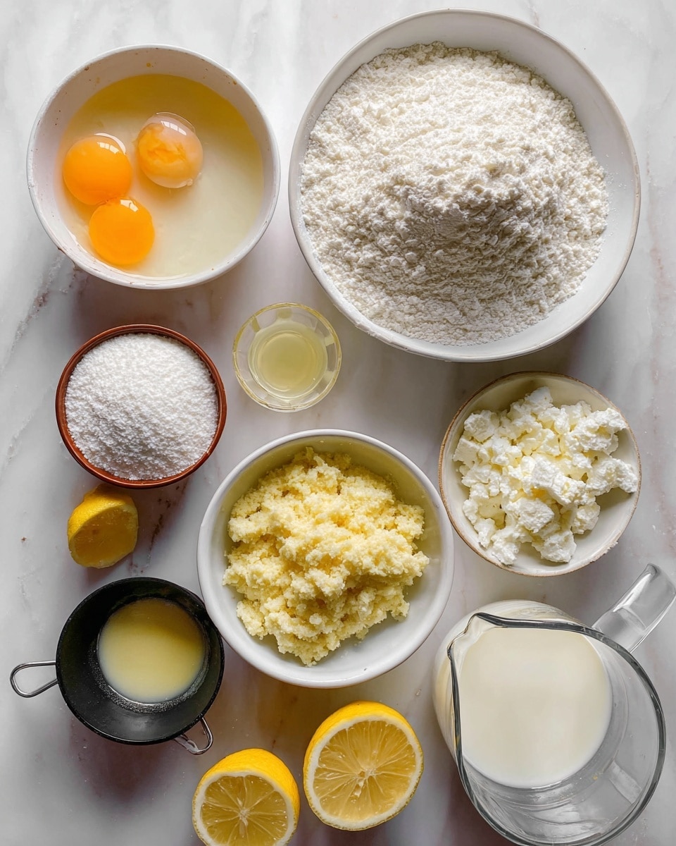This image shows several white bowls and a measuring cup placed on a white marbled surface, each filled with different baking ingredients. Starting from the top left, there is a white bowl containing two cracked raw eggs with visible yolks and egg whites. To its right, a large white bowl holds a mound of white flour. Below the flour bowl, a small white bowl with a brown rim is filled with white powder. Next to it, a small measuring cup contains a translucent yellow liquid. In the center bottom, a white bowl is filled with a crumbly yellow mixture that looks like grated cheese or a dry ingredient. To the left of it, a black measuring cup holds white cottage cheese. Below, there are two halved lemons showing their bright yellow pulp. To the right, a clear glass measuring cup contains white milk. Above the milk, a small white bowl holds a yellow melted substance. The setup is neatly arranged on a clean white marbled surface, with soft natural lighting highlighting the textures of each ingredient. photo taken with an iphone --ar 4:5 --v 7