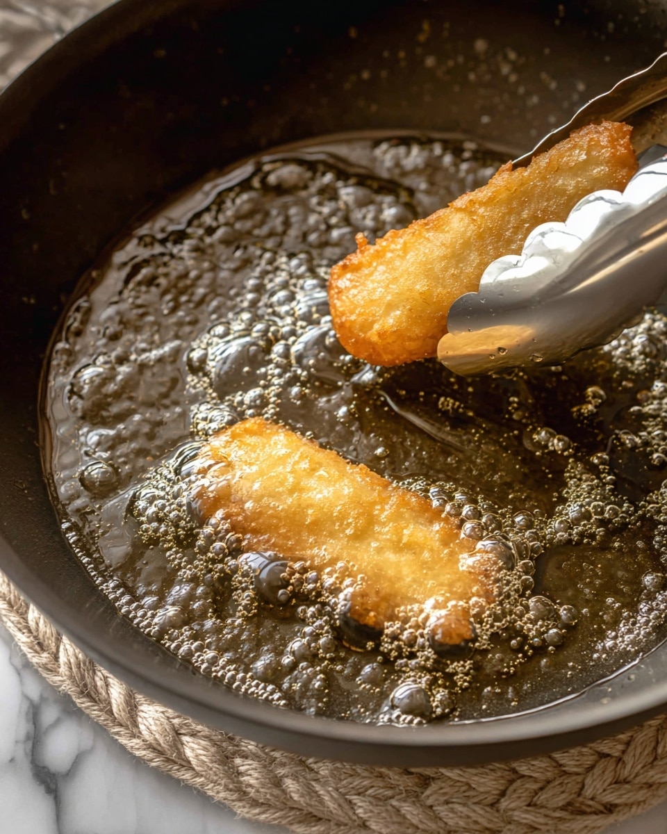 Two golden fried pieces with a bubbled, crispy texture float in hot oil inside a dark pan. One piece is being held by a shiny silver tong with scalloped edges, lifting it slightly above the oil. The oil's surface has many small bubbles around the food, showing it is frying. The scene sits on a white marbled surface with a woven beige mat partly visible beneath the pan. photo taken with an iphone --ar 4:5 --v 7