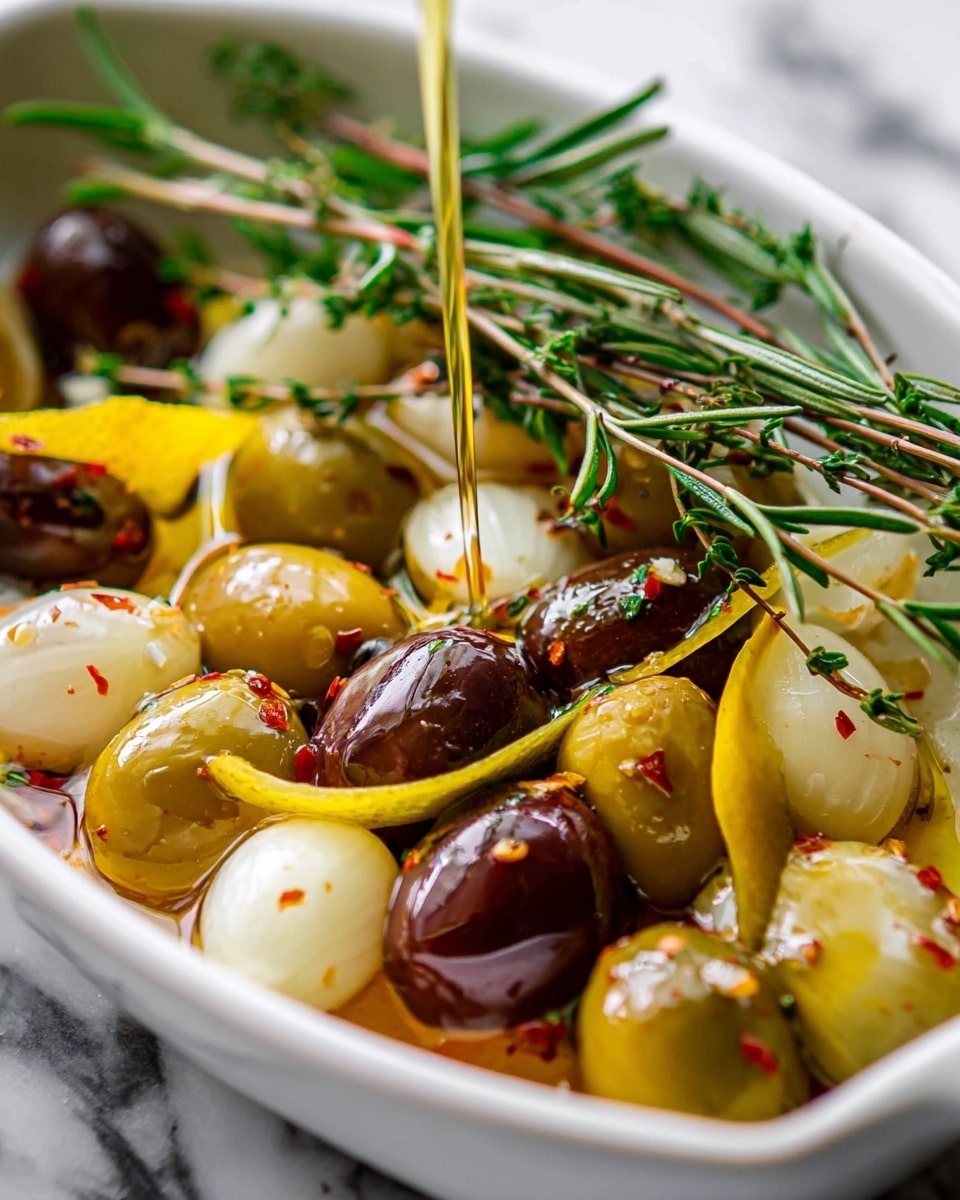 The image shows a close-up of a white dish filled with a mix of olives in different colors—green, light brown, purple, and creamy white—layered with thin white onion slices and yellow lemon peels. The olives have a shiny, smooth texture, and some have red chili flakes on them for color contrast. Fresh green sprigs of rosemary and thyme lay across the dish, adding a fresh, natural look. A golden stream of oil is being poured over the ingredients, adding a glossy shine and richness to the scene. The whole dish sits on a white marbled surface. photo taken with an iphone --ar 4:5 --v 7