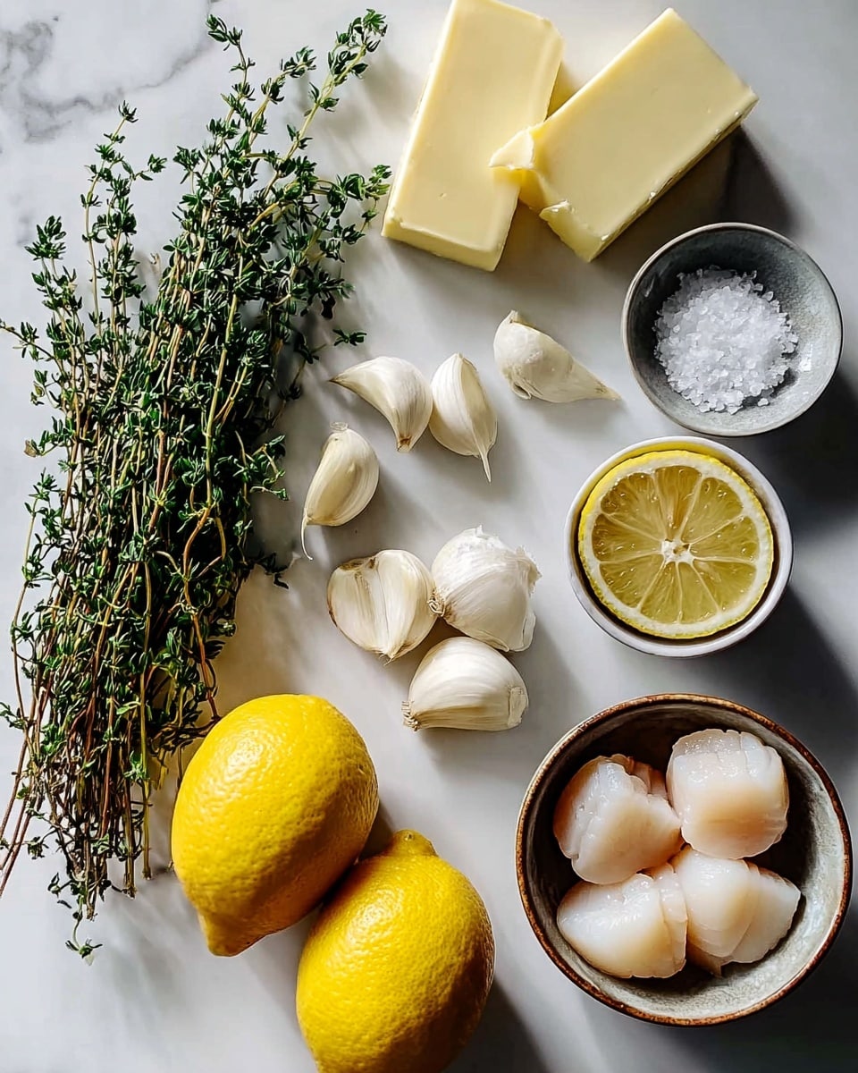 The image shows fresh ingredients laid out on a white marbled surface. On the left, there is a bunch of green thyme with small leaves and thin stems. Below the thyme, several peeled garlic cloves are placed next to a group of unpeeled ones. In the center, there are two yellow lemons with bright smooth skin, and above them, two small white bowls filled with raw scallops; one bowl has larger scallops, and the other has smaller scallops. Next to the scallops is a small brown bowl holding a thick lemon slice, and above it, a small gray bowl contains coarse salt. At the top left, two thick yellow butter cubes sit on the surface. The light is soft and natural, highlighting the fresh look of the ingredients, photo taken with an iphone --ar 4:5 --v 7