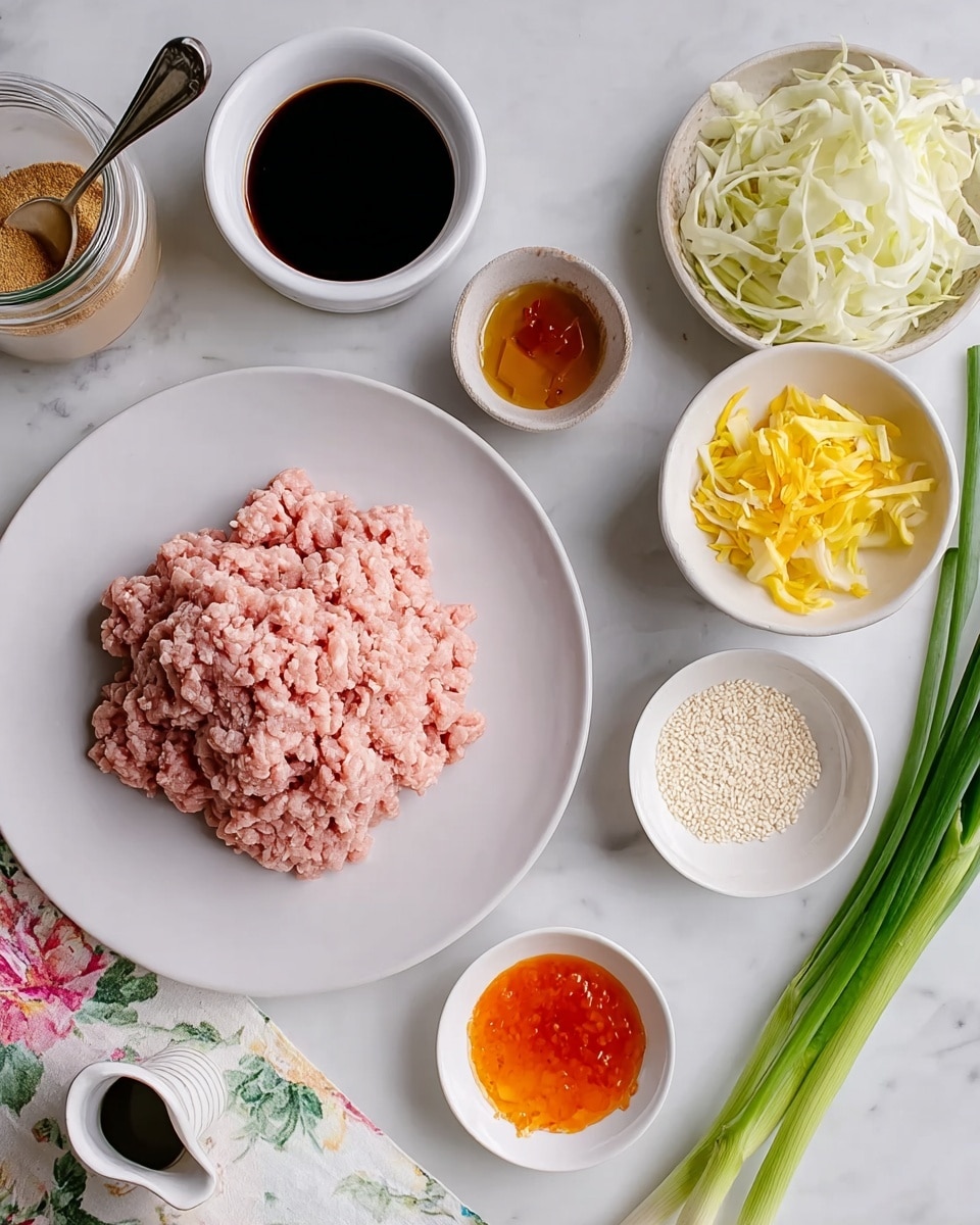 A white plate in the center holds a mound of light pink ground meat with a soft texture. Around it, on a white marbled surface, are several small white bowls: one with dark soy sauce, another with a bright orange-red sauce, a third containing white sesame seeds, and a fourth with minced yellow ginger. Next to these, a white bowl holds thinly sliced white and light orange cabbage. At the top left corner is a small white jar with a metal spoon resting inside, filled with a powdery brown spice. Green onions rest diagonally near the bottom right. A floral cloth napkin and a small white pitcher are also partially visible. Photo taken with an iphone --ar 4:5 --v 7