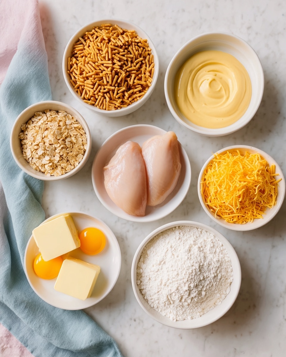 A top view of seven white bowls arranged on a white marbled surface, each holding different cooking ingredients. The center bowl contains two uncooked, smooth, pale pink chicken pieces. Around it, the top bowls hold a large portion of crunchy brown cereal sticks, creamy yellow mustard sauce with a smooth swirl, and fine shredded bright orange cheddar cheese. Below, there is a bowl with two raw eggs showing bright yellow yolks, another with white all-purpose flour that is finely ground and powdery, and the last one with two square pieces of pale yellow butter. A soft, light blue and pink cloth is partially visible on the left side. Photo taken with an iphone --ar 4:5 --v 7
