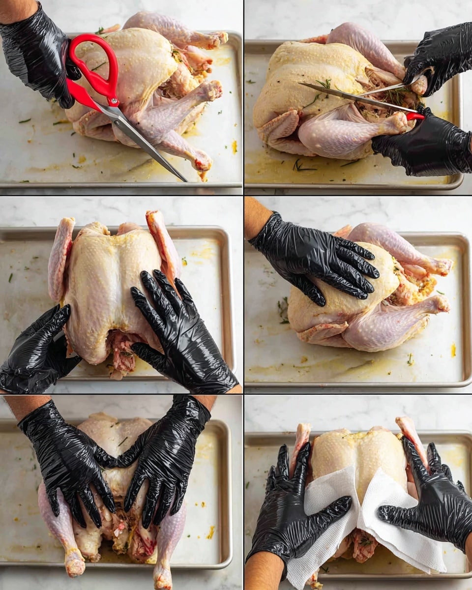 The image shows six steps of preparing a raw whole chicken on a white marbled surface with a white baking tray beneath. In the top left, a pair of black-gloved hands hold red scissors, cutting through the chicken's skin in the middle. The top right shows the scissors cutting along the chicken's side near the wing. In the middle left, a black-gloved hand and an arm expose the inside of the chicken as it is opened up. The middle right shows both black-gloved hands pulling the chicken open fully to reveal the inside. The bottom left has a black-gloved hand pressing down on the opened chicken, spreading the wings and legs outward. The bottom right shows the same hand wiping the chicken with a white paper towel. The chicken skin is pale with some herbs, and the gloves are shiny black. photo taken with an iphone --ar 4:5 --v 7