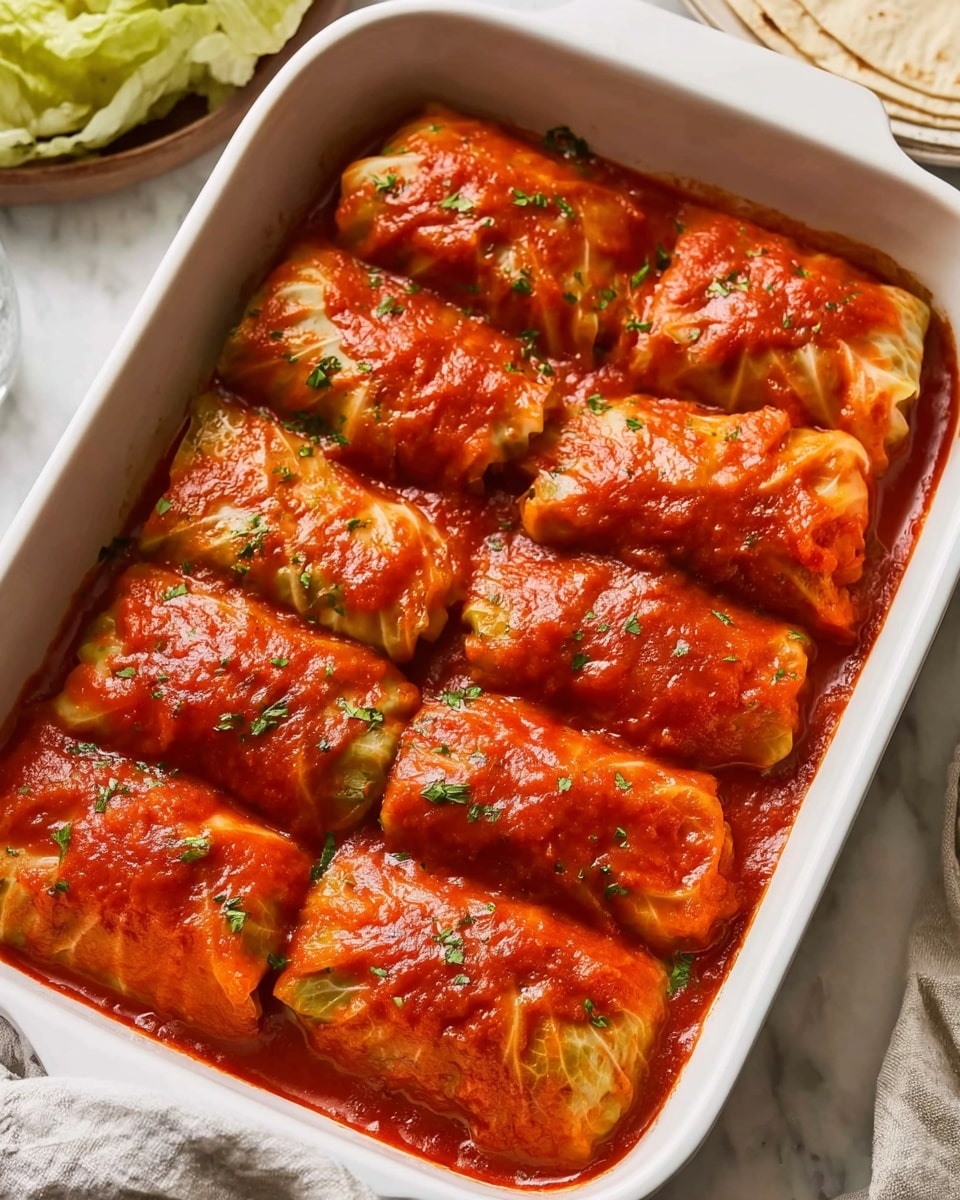 A white rectangular baking dish filled with neatly arranged stuffed cabbage rolls covered in a thick, red tomato sauce. Each roll is tightly wrapped, with a slight shiny texture from the sauce, and there are small green herb pieces sprinkled evenly on top. The dish rests on a white marbled surface with a soft cloth showing slightly underneath the bottom left corner. In the top right corner, part of a tortilla wrap and a glass of water are visible. The overall look is warm and inviting, with the rich red of the sauce contrasting against the white dish and surface. photo taken with an iphone --ar 4:5 --v 7