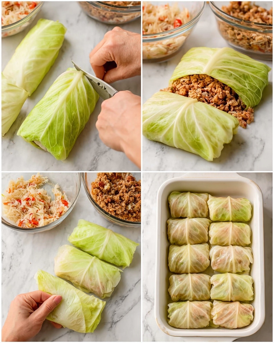 This image shows four steps of making cabbage rolls on a white marbled surface. The top left part shows two large, pale green cabbage leaves with soft, thin, and textured layers; one leaf is being trimmed with a knife by a woman's hand. The top right part displays two full cabbage leaves stacked on the right and a single leaf on the left with a middle layer of mixed brown seasoned meat and white rice with bits of red pepper, forming a mound near the center; above it is a clear glass bowl with more of the meat and rice mix, and a cabbage roll is placed nearby. The bottom left part shows a woman's hand folding a pale green cabbage leaf around the filling to form a neat roll; some filled rolls are already made and placed beside it. The bottom right part shows a white rectangular baking dish filled with two rows of tightly packed, pale green cabbage rolls, some slightly browned on top, ready for cooking. Photo taken with an iphone --ar 4:5 --v 7