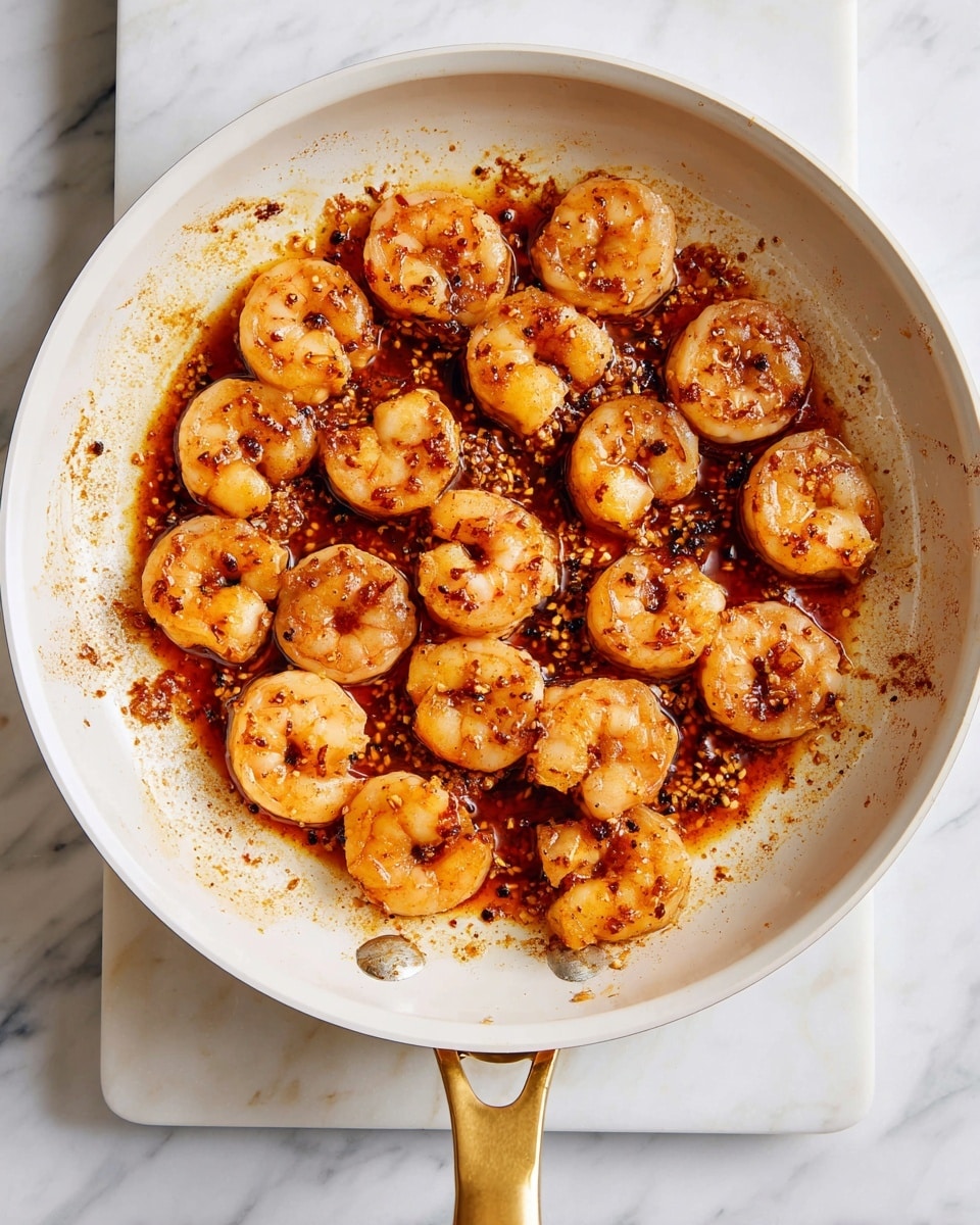 A white frying pan with a gold handle holds a single layer of cooked shrimp, arranged loosely in a circular pattern. The shrimp are golden brown with some darker browned spots, coated in a shiny, rich reddish-brown sauce that pools slightly at the base of the pan. The pan has brown residue and small bits of charred seasoning around the sides. The whole scene rests on a white marbled surface. photo taken with an iphone --ar 4:5 --v 7