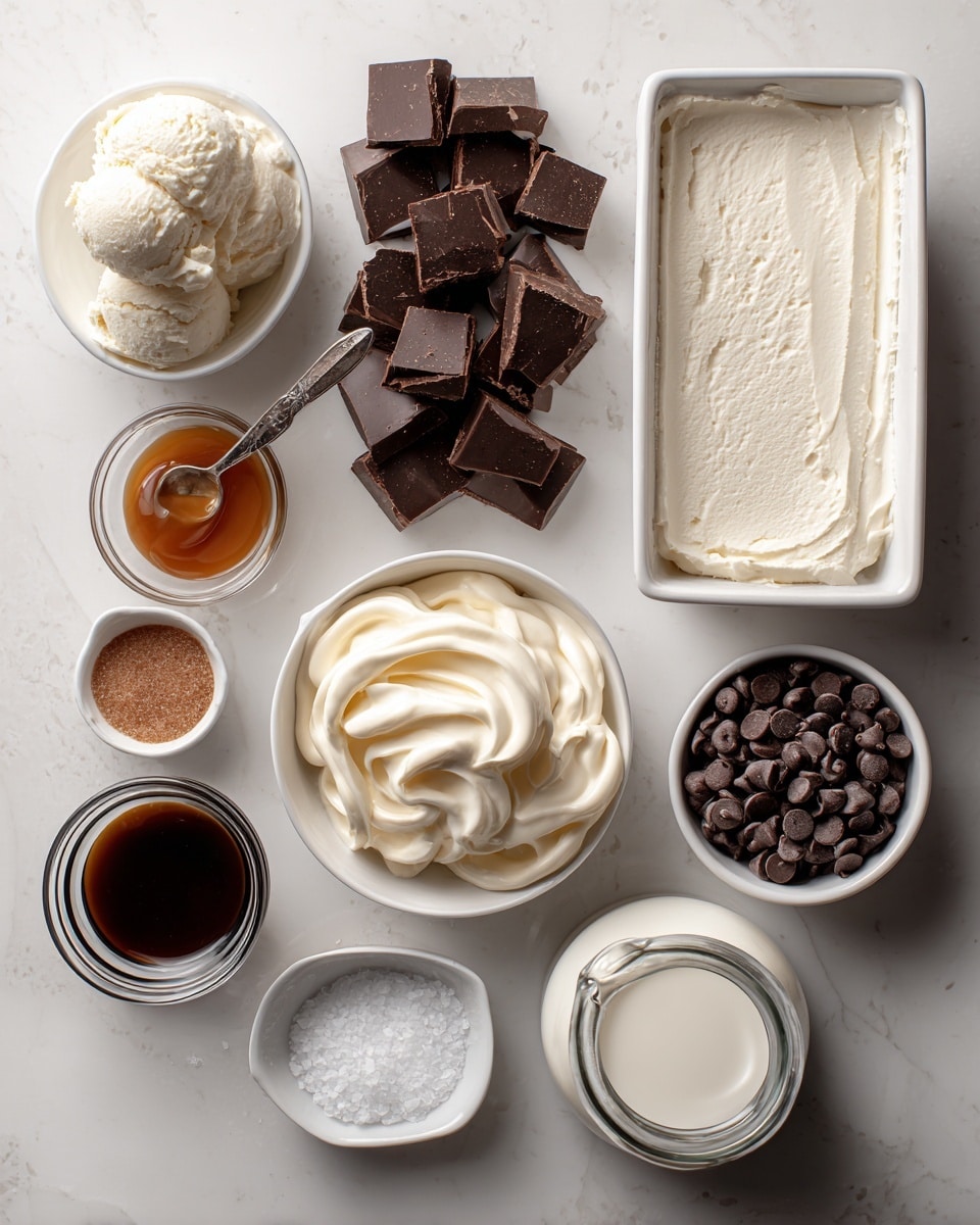 An overhead view shows nine white dishes and a glass jug arranged neatly on a white marbled surface. The top right features a rectangular white container filled with smooth white ice cream showing creamy texture on top. Next to it on the left are small, rough dark brown chocolate chunks stacked in a pile and below them small dark chocolate pillow pieces. To the right side of the chocolate pillows is a bowl filled with round dark brown chocolate chips. Below that is a bowl with soft, swirled white cream. The bottom left shows a small glass cup with thick, shiny dark syrup followed by a small bowl of coarse white salt above it. There is another similar small bowl of coarse white salt above that. Above it is a small glass bowl with smooth caramel and vintage spoon inside. Next up is a glass jug filled with white milk and on the top left is a small bowl with a scoop of creamy, off-white ice cream. photo taken with an iphone --ar 4:5 --v 7