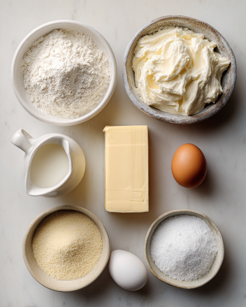 The image shows eight baking ingredients neatly arranged on a white marbled surface. At the top left, there is a white bowl filled with white flour, next to it on the right is a rustic ceramic bowl filled with whipped cream that has a soft, fluffy texture. Below the flour, there is a small white jug holding milk. In the center right, a rectangular block of pale yellow butter is placed vertically, and right beside it is a brown egg. At the bottom left, a small ceramic bowl contains a grainy-looking light yellow powder, and next to it is a similar ceramic bowl filled with white granulated sugar. At the bottom right, half hidden, rests a white egg. The arrangement is minimal and clean, with soft natural light highlighting the textures and colors. Photo taken with an iphone --ar 4:5 --v 7